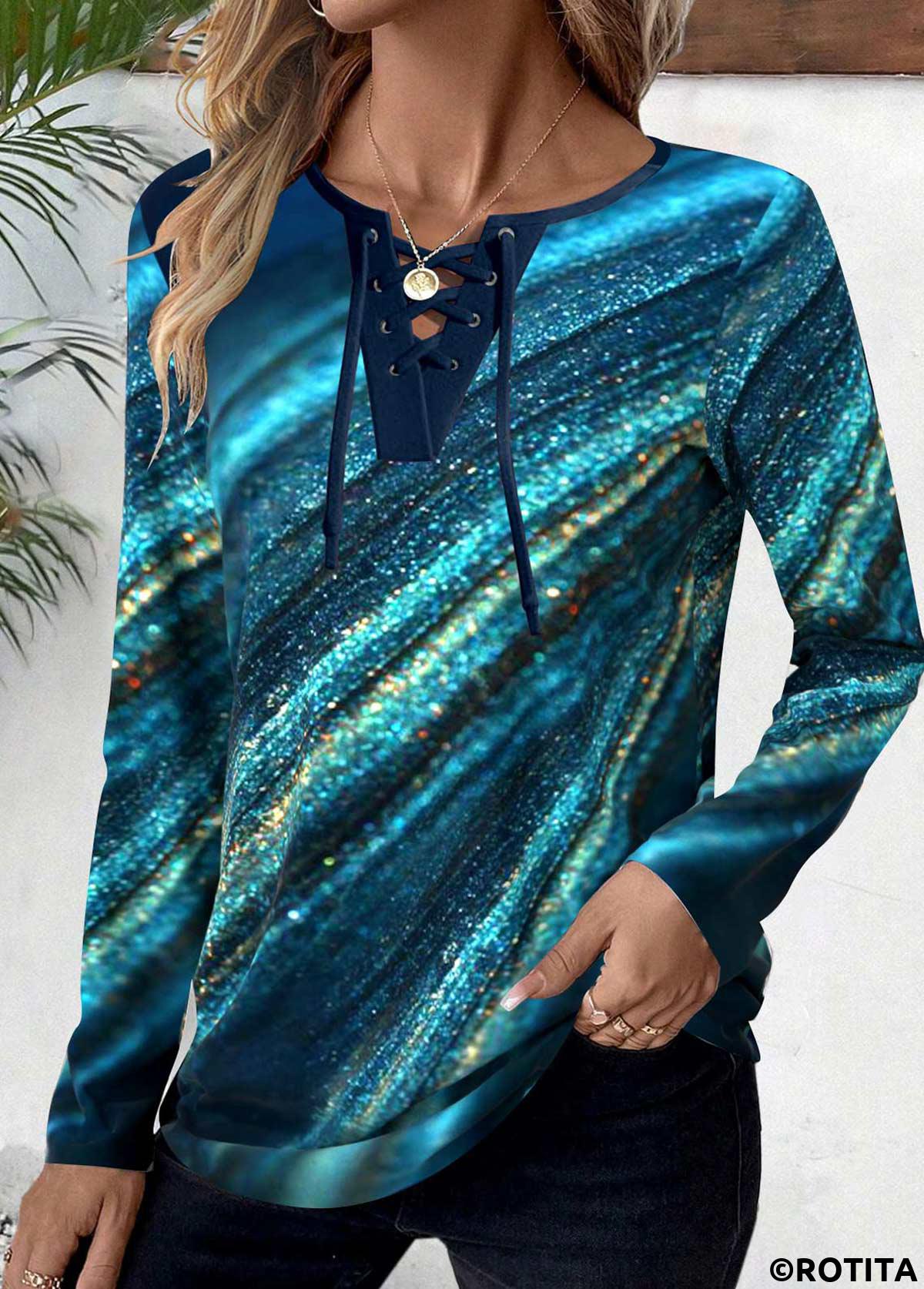 ROTITA Lace Up Ombre Peacock Blue Long Sleeve T Shirt