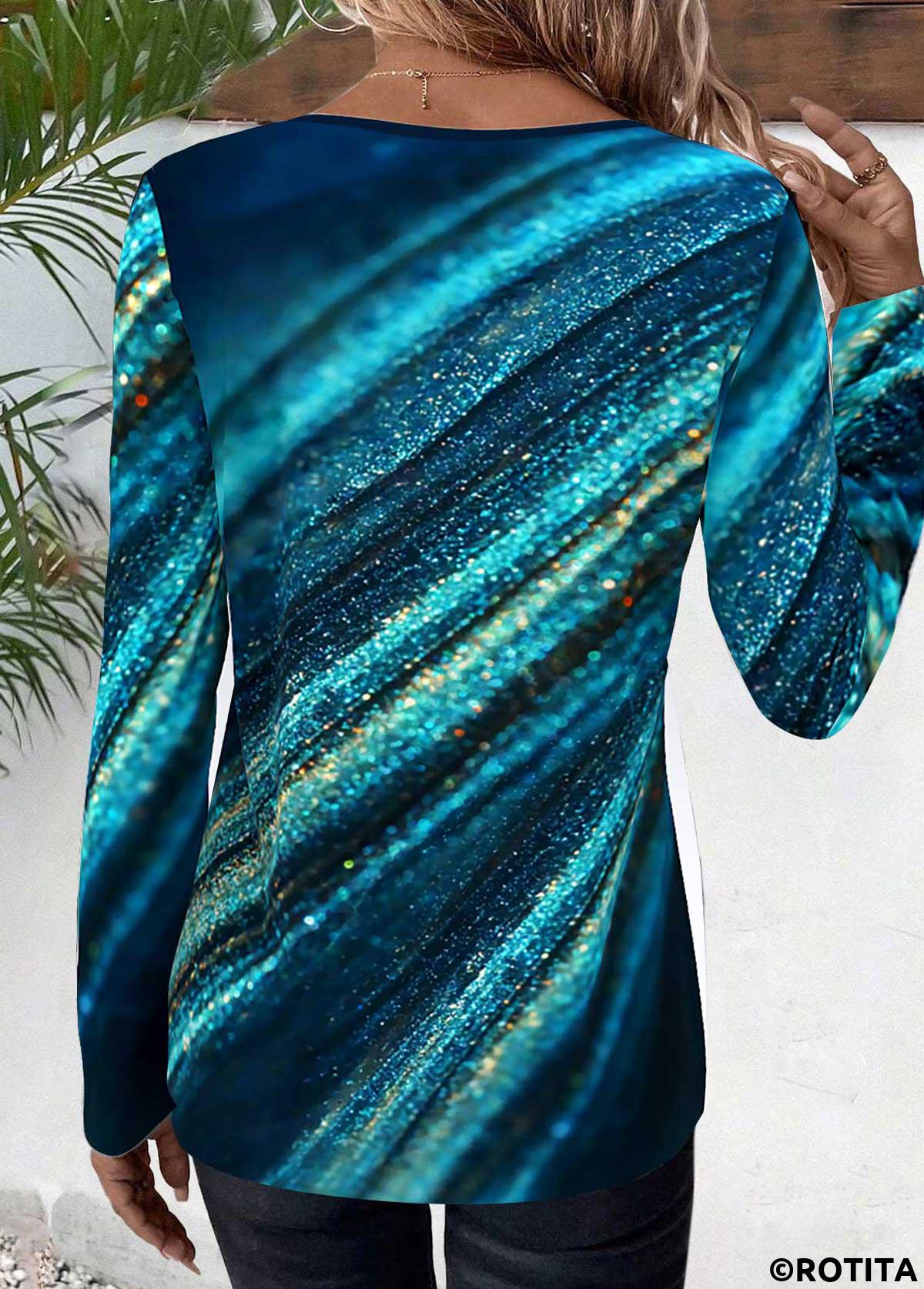 ROTITA Lace Up Ombre Peacock Blue Long Sleeve T Shirt