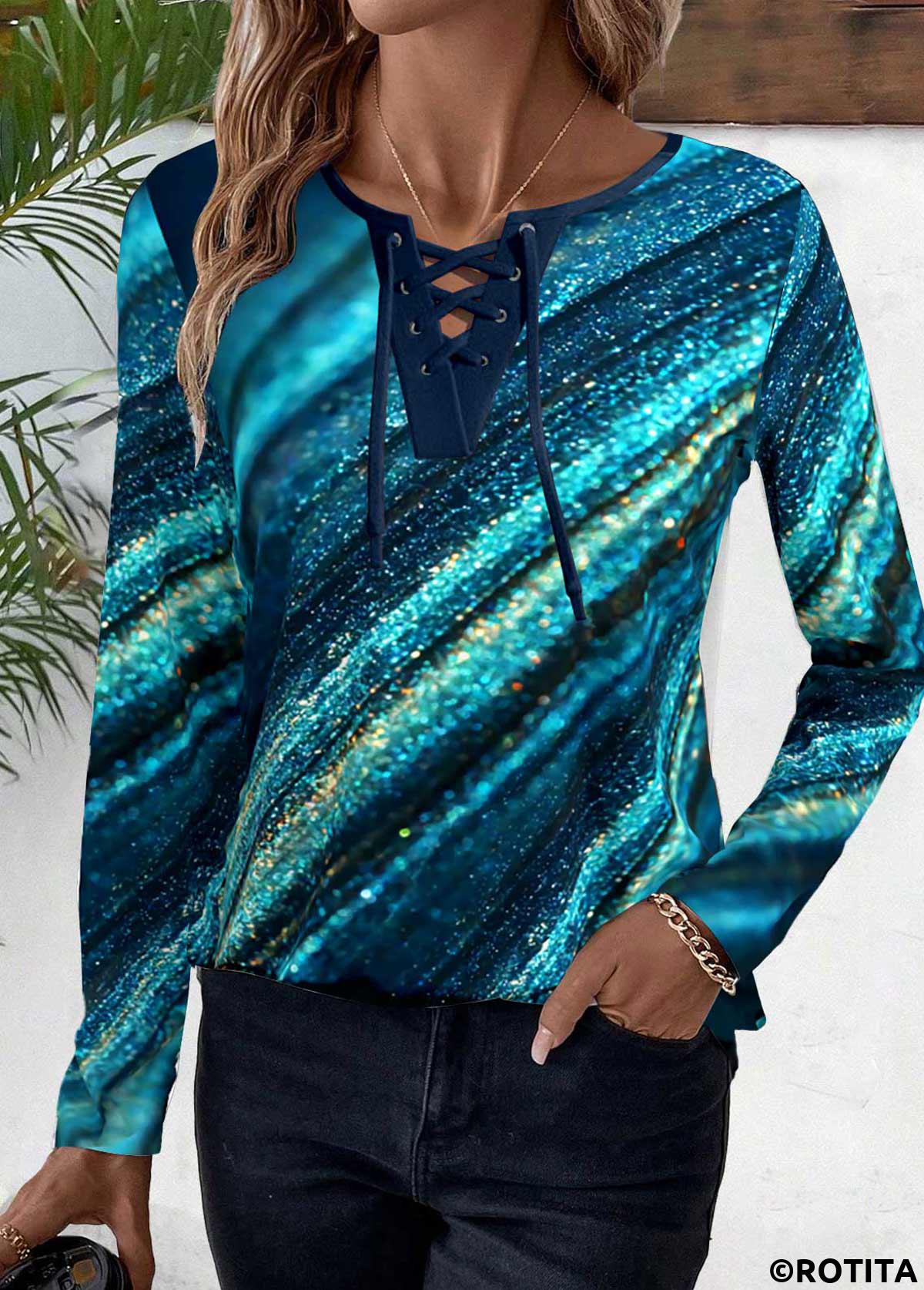ROTITA Lace Up Ombre Peacock Blue Long Sleeve T Shirt