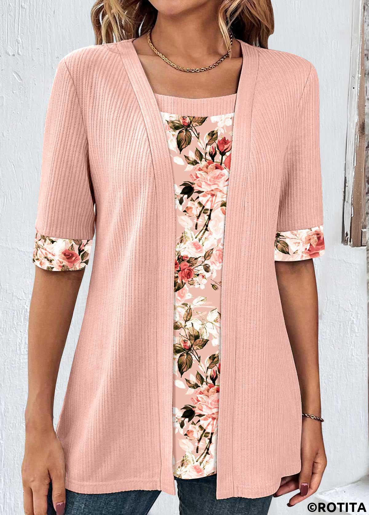 Dusty Pink tops,Floral tops,Plants tops,ROTITA Fake 2in1 Random Floral Print Dusty Pink T Shirt