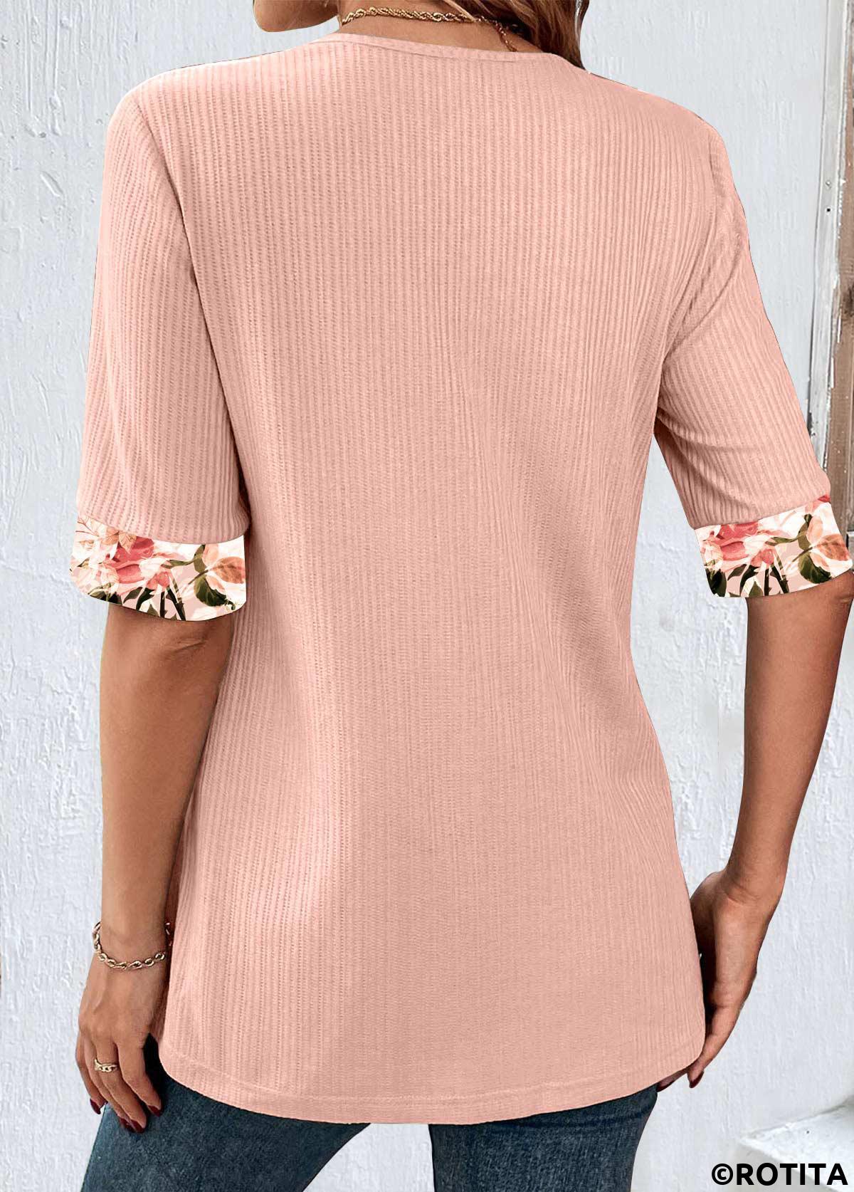 Dusty Pink tops,Floral tops,Plants tops,ROTITA Fake 2in1 Random Floral Print Dusty Pink T Shirt