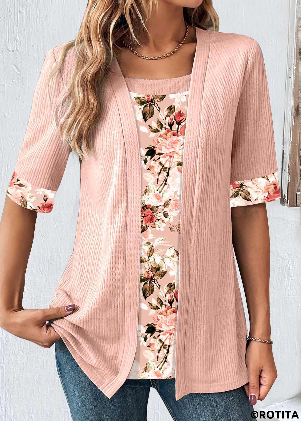 Dusty Pink tops,Floral tops,Plants tops,ROTITA Fake 2in1 Random Floral Print Dusty Pink T Shirt