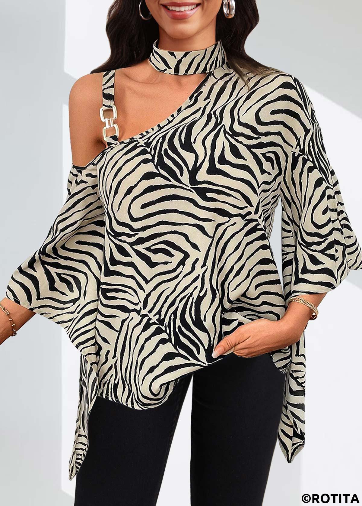 Light Camel tops,Black tops,Animal Print tops,ROTITA Asymmetry Zebra Stripe Print Light Camel Asymmetrical Neck Blouse