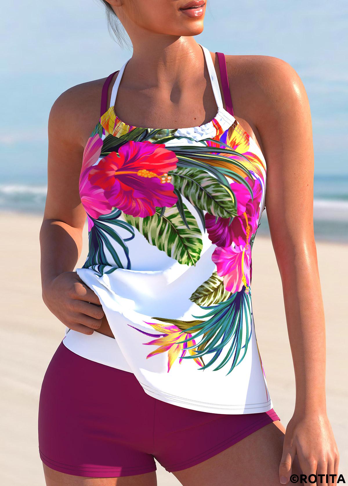 Hot Pink swimwear,White swimwear,Floral swimwear,Plants swimwear,ROTITA Criss Cross Hot Pink Floral Print Tankini Set