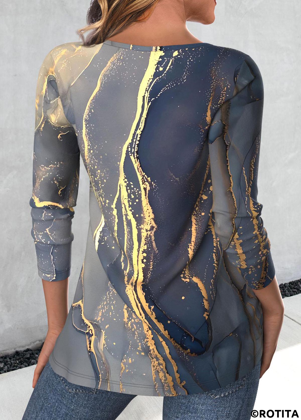 Blue tops,Gold tops,Marble tops,Striped tops,Geometric tops,ROTITA Button Marble Print Blue Round Neck T Shirt