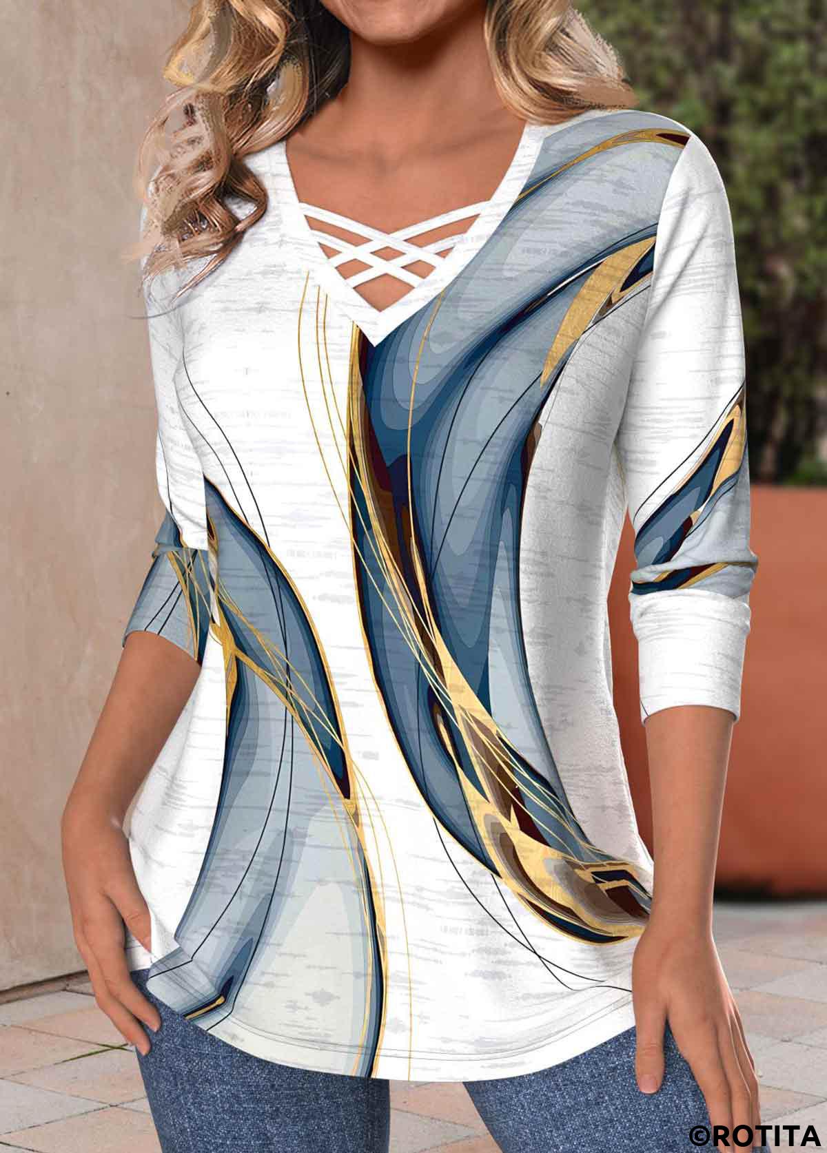 White tops,Dusty Blue tops,Geometric tops,Striped tops,ROTITA Criss Cross Geometric Print White V Neck T Shirt