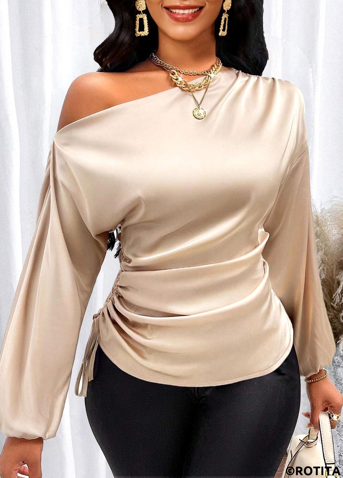 Champagne tops,Plain Color tops,ROTITA Asymmetry Champagne Asymmetrical Neck 3/4 Sleeve Blouse