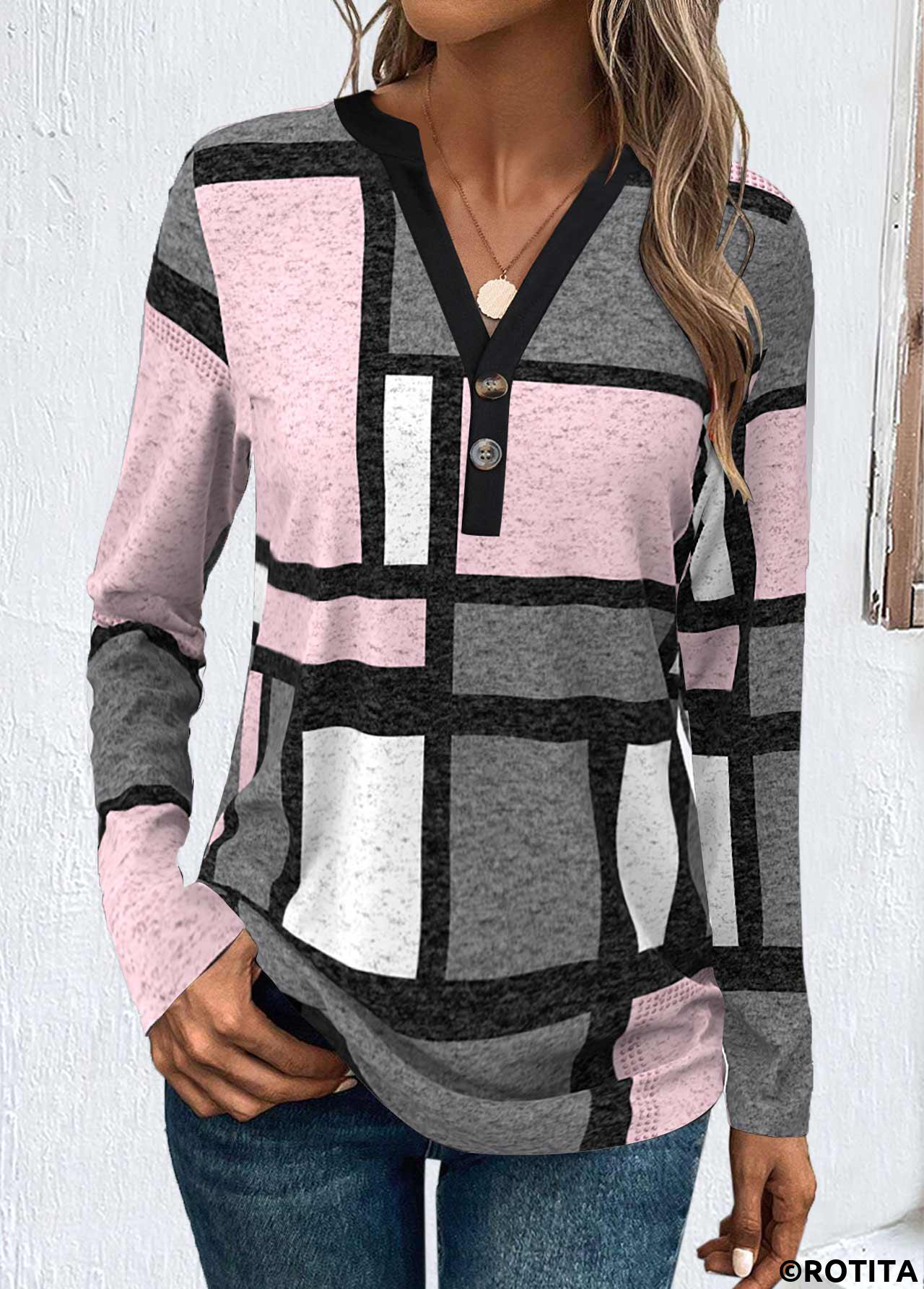 Dark Grey Marl plus size,Light Pink plus size,Geometric plus size,Striped plus size,Plaid plus size,ROTITA Plus Size Button Dark Grey Marl T Shirt