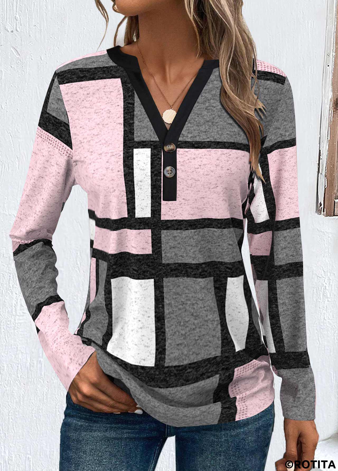 Dark Grey Marl plus size,Light Pink plus size,Geometric plus size,Striped plus size,Plaid plus size,ROTITA Plus Size Button Dark Grey Marl T Shirt