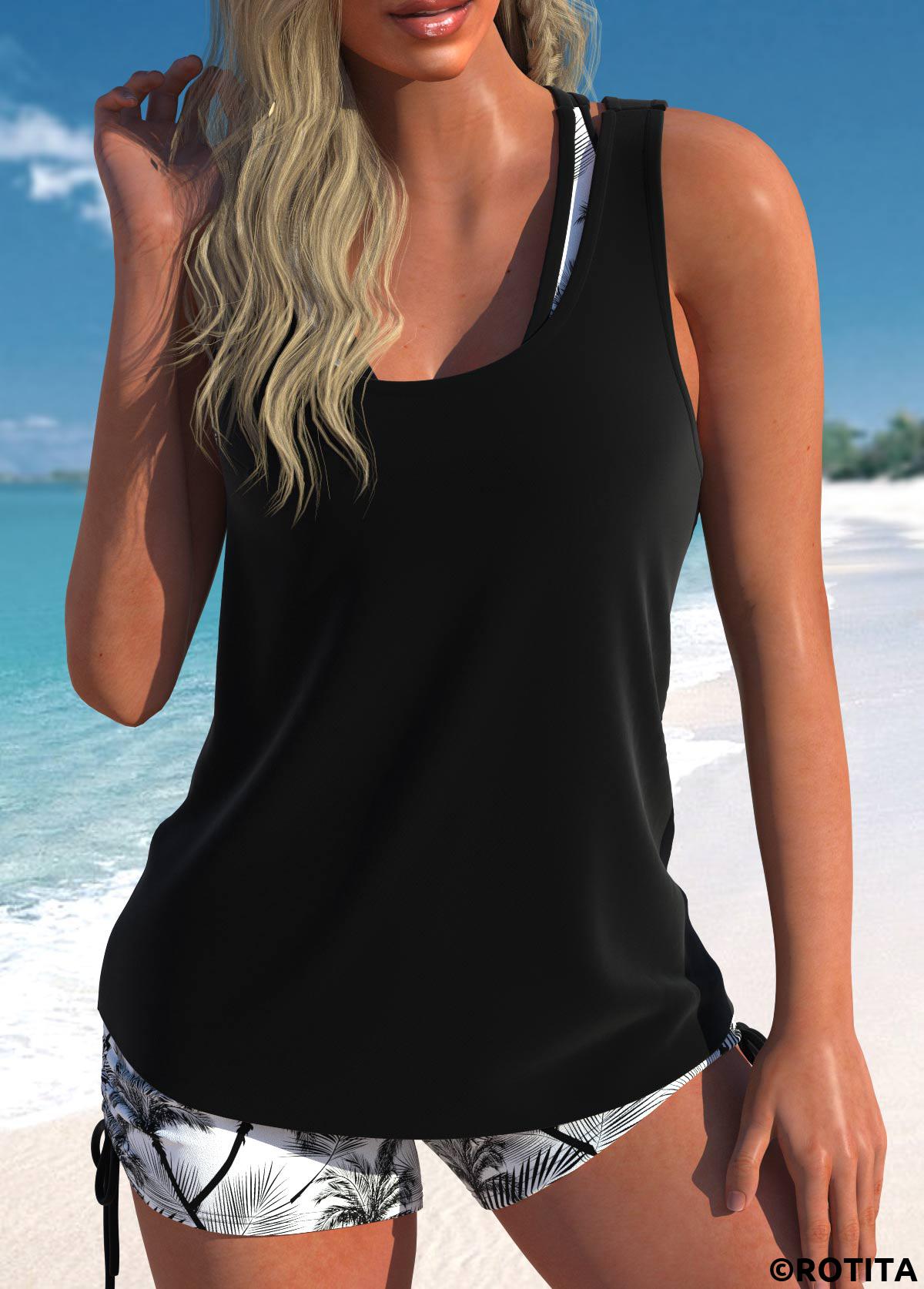 Black swimwear,White swimwear,Floral swimwear,Plants swimwear,ROTITA Layered Black Floral Print Mid Waisted Tankini Set