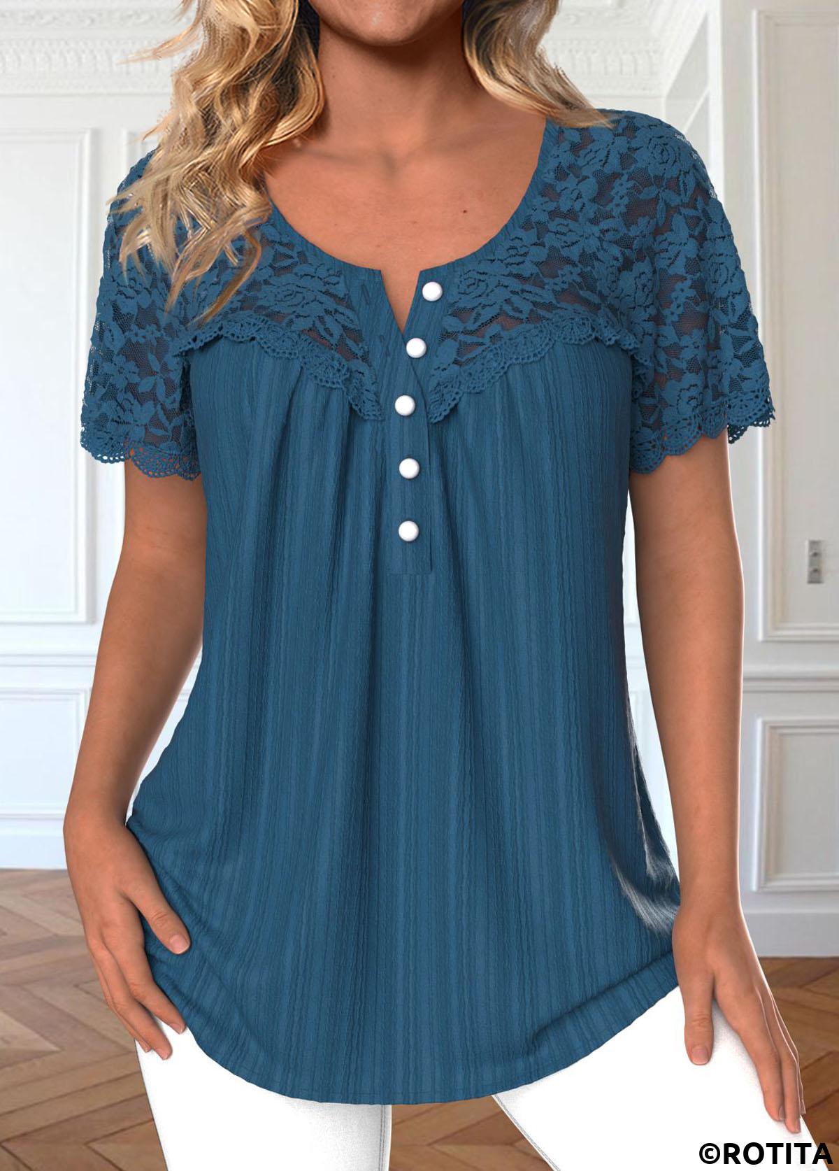 Peacock Blue tops,Plain Color tops,ROTITA Patchwork Peacock Blue Round Neck Short Sleeve Blouse