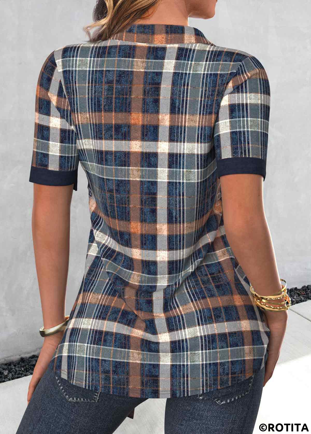Navy plus size,Plaid plus size,Striped plus size,Geometric plus size,ROTITA Plus Size Fake 2in1 Navy Plaid Shirt Collar Blouse
