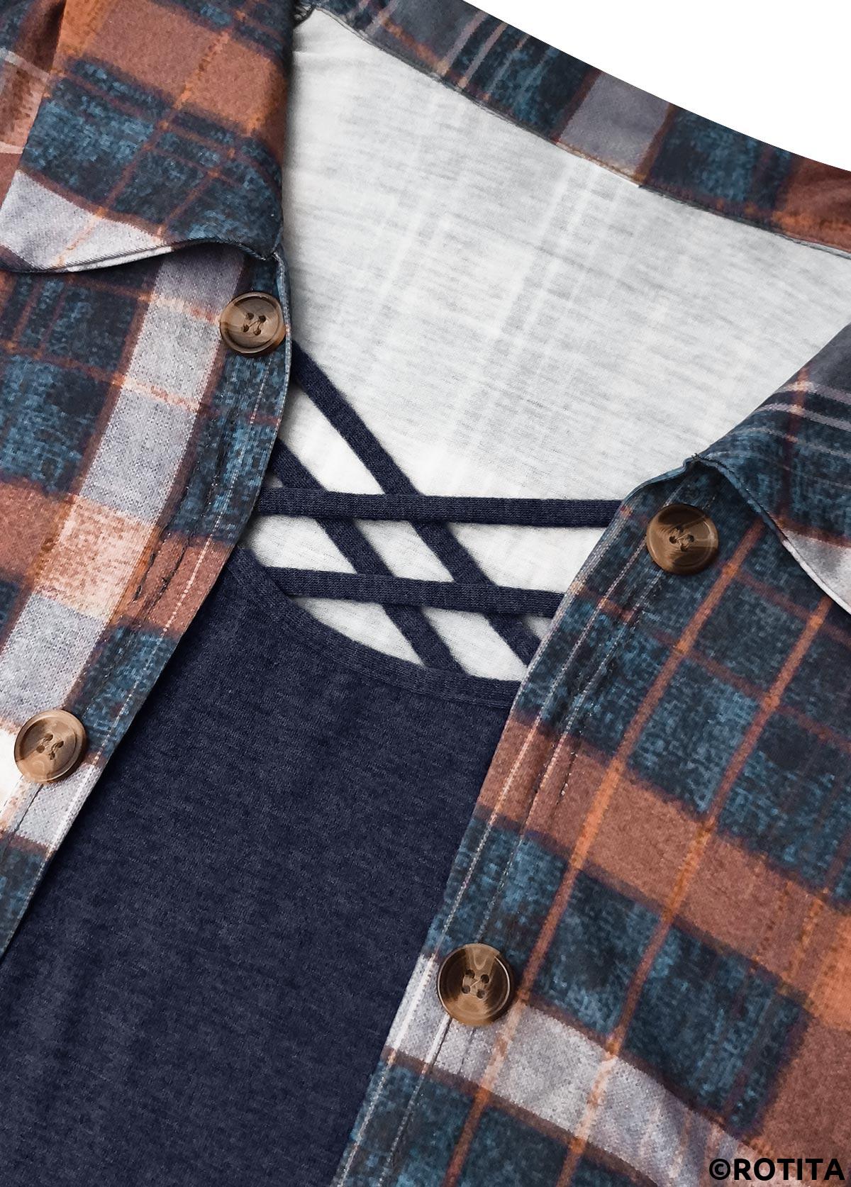 Navy plus size,Plaid plus size,Striped plus size,Geometric plus size,ROTITA Plus Size Fake 2in1 Navy Plaid Shirt Collar Blouse