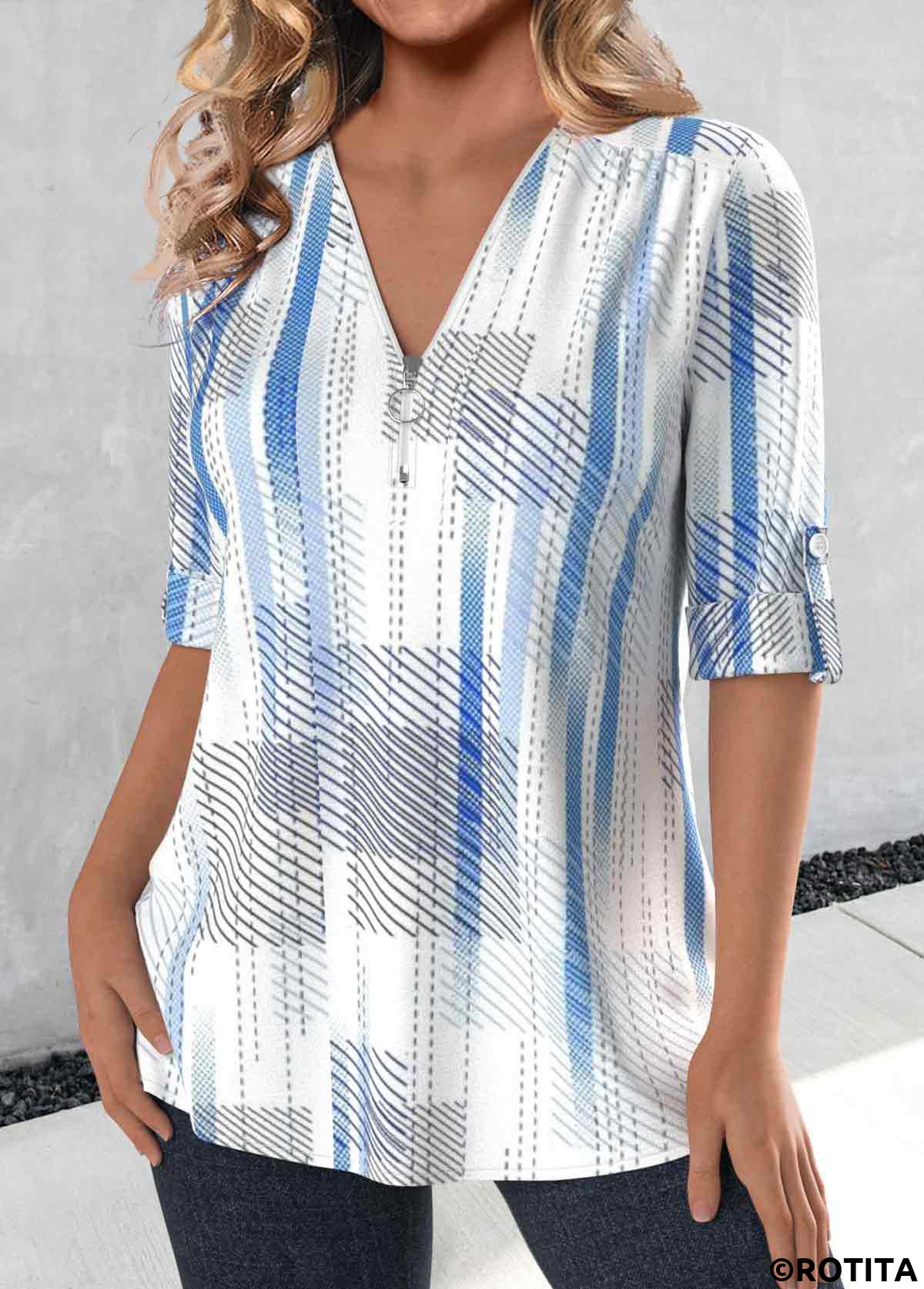 ROTITA Zipper Striped Sky Blue V Neck 3/4 Sleeve Blouse