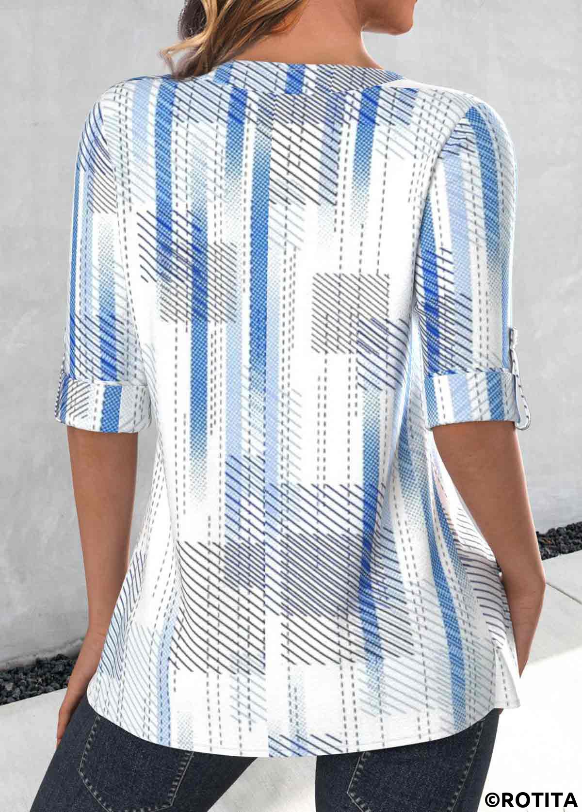ROTITA Zipper Striped Sky Blue V Neck 3/4 Sleeve Blouse