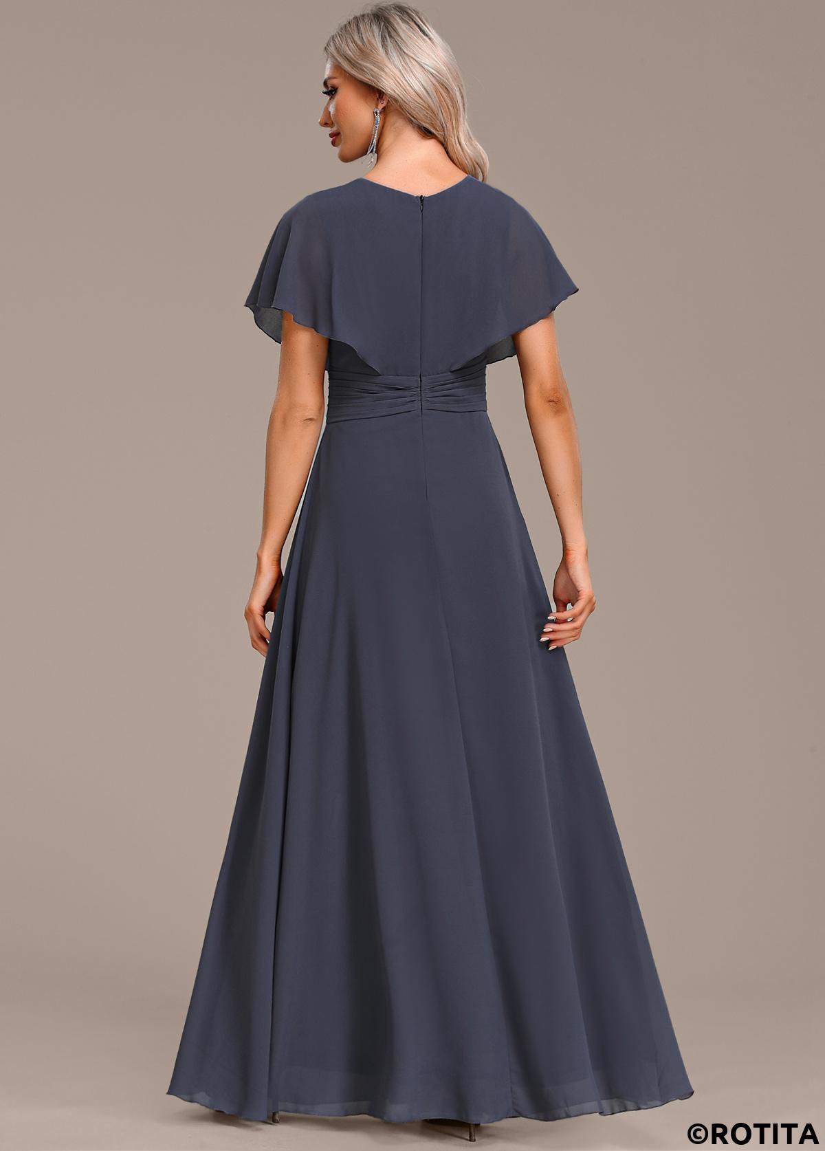 Dark Grey dresses,Plain Color dresses,Party dresses,Elegant dresses,ROTITA Split Dark Grey Maxi V Neck Short Sleeve Dress