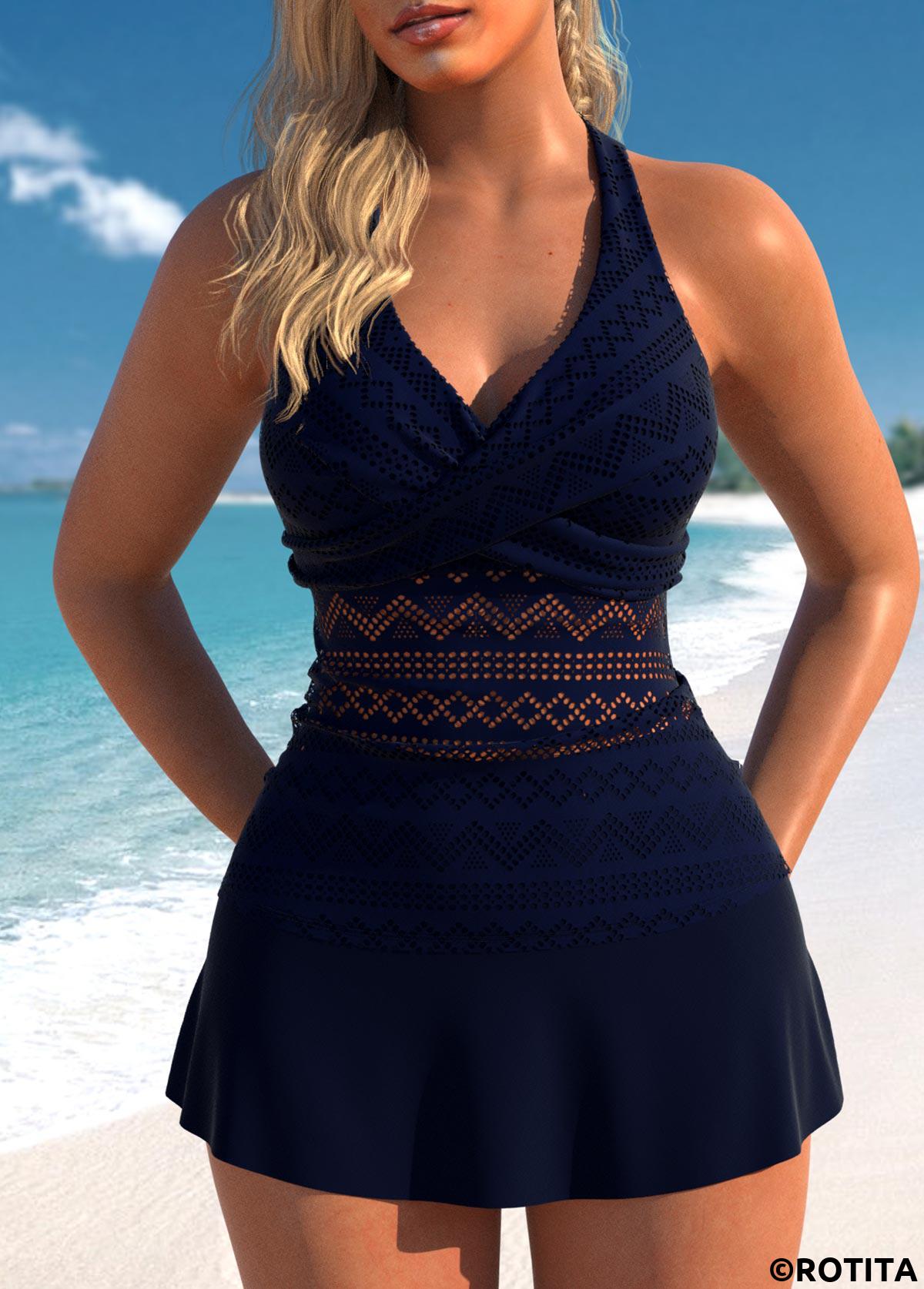 Navy swimwear,Plain Color swimwear,ROTITA V Neck Lace Surplice Navy Tankini Set