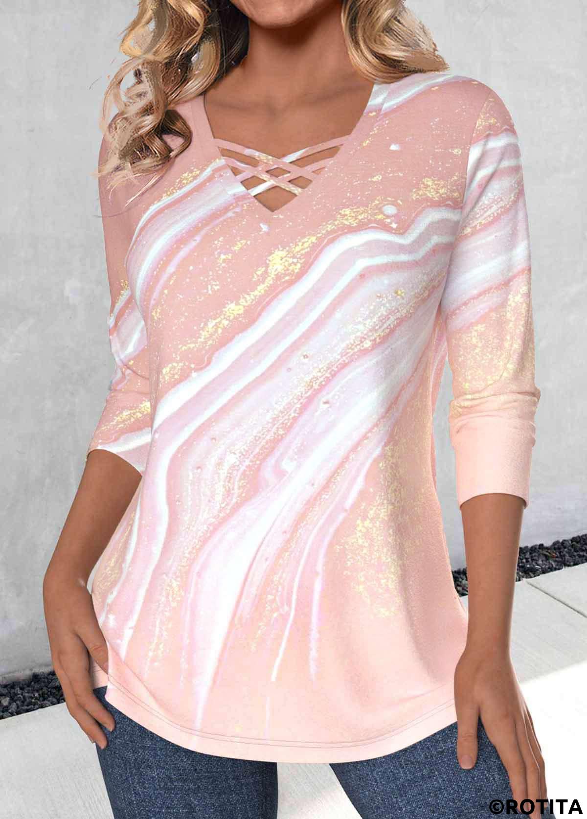 t-shirt rose poussiéreux à imprimé marbre croisé rotita