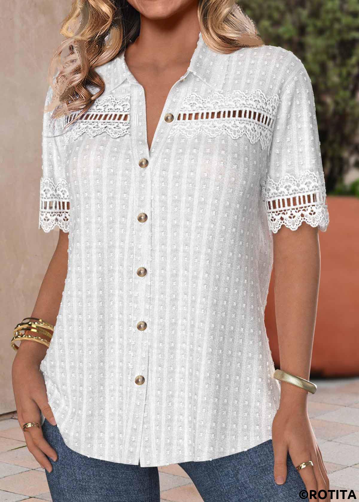 White tops,Plain Color tops,ROTITA Patchwork Button Up White Shirt Collar Thin Blouse