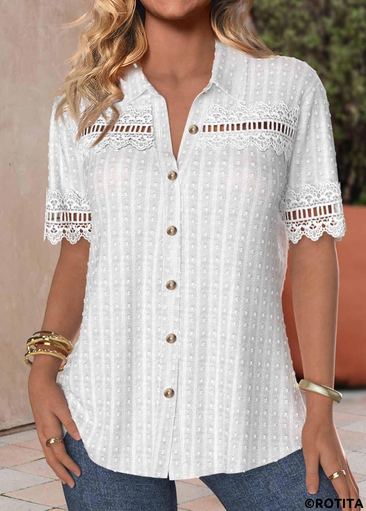 White tops,Plain Color tops,ROTITA Patchwork Button Up White Shirt Collar Thin Blouse