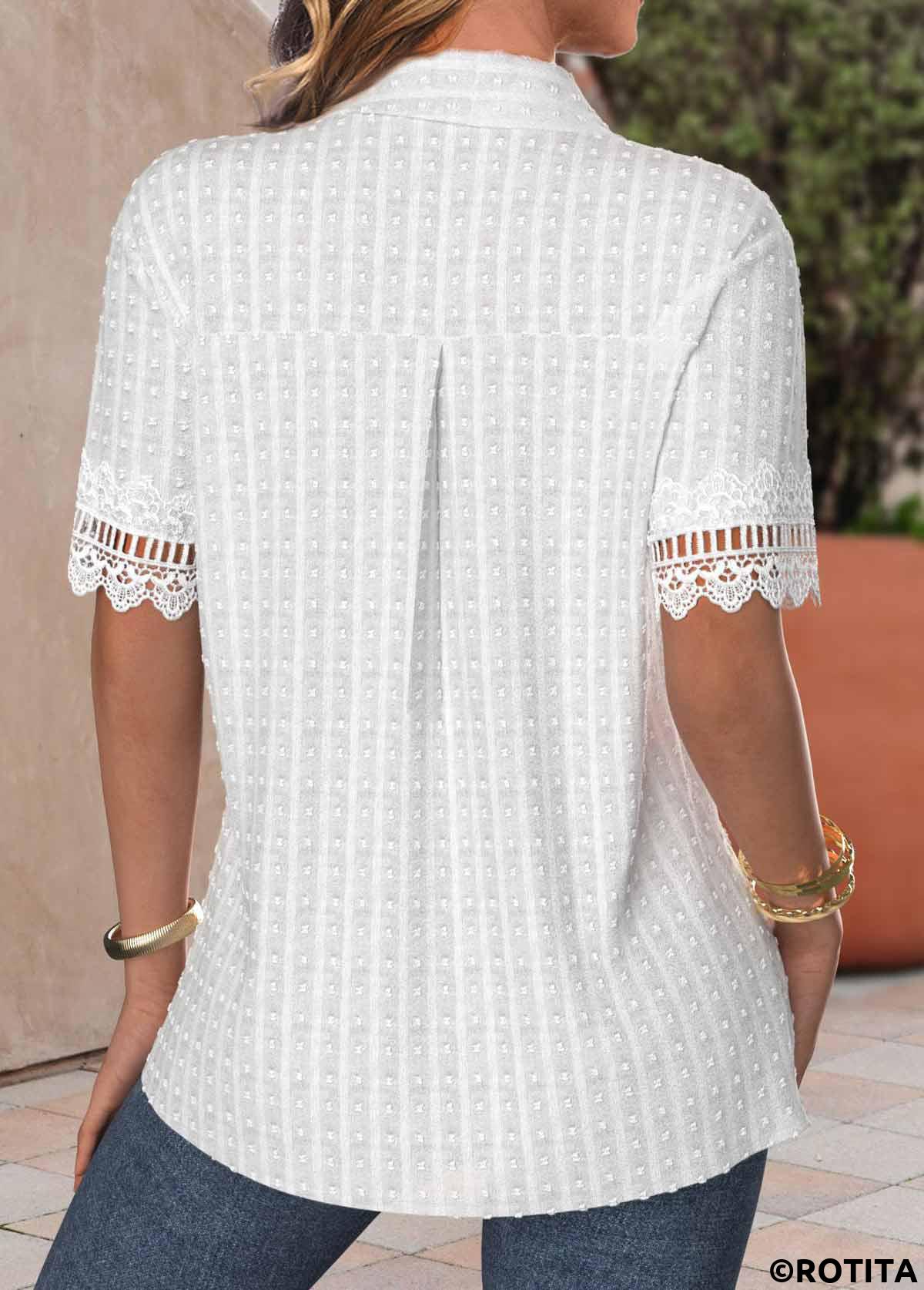 White tops,Plain Color tops,ROTITA Patchwork Button Up White Shirt Collar Thin Blouse