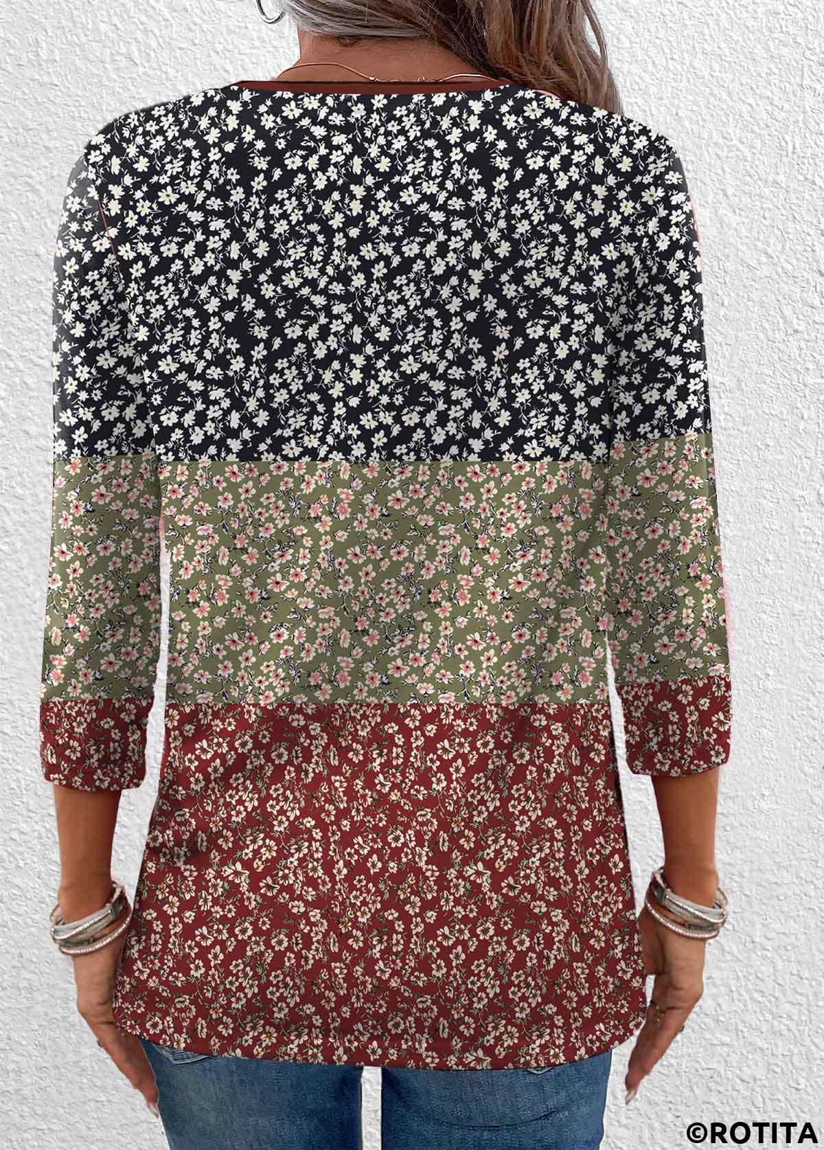 ROTITA Button Ditsy Floral Print Multi Color T Shirt