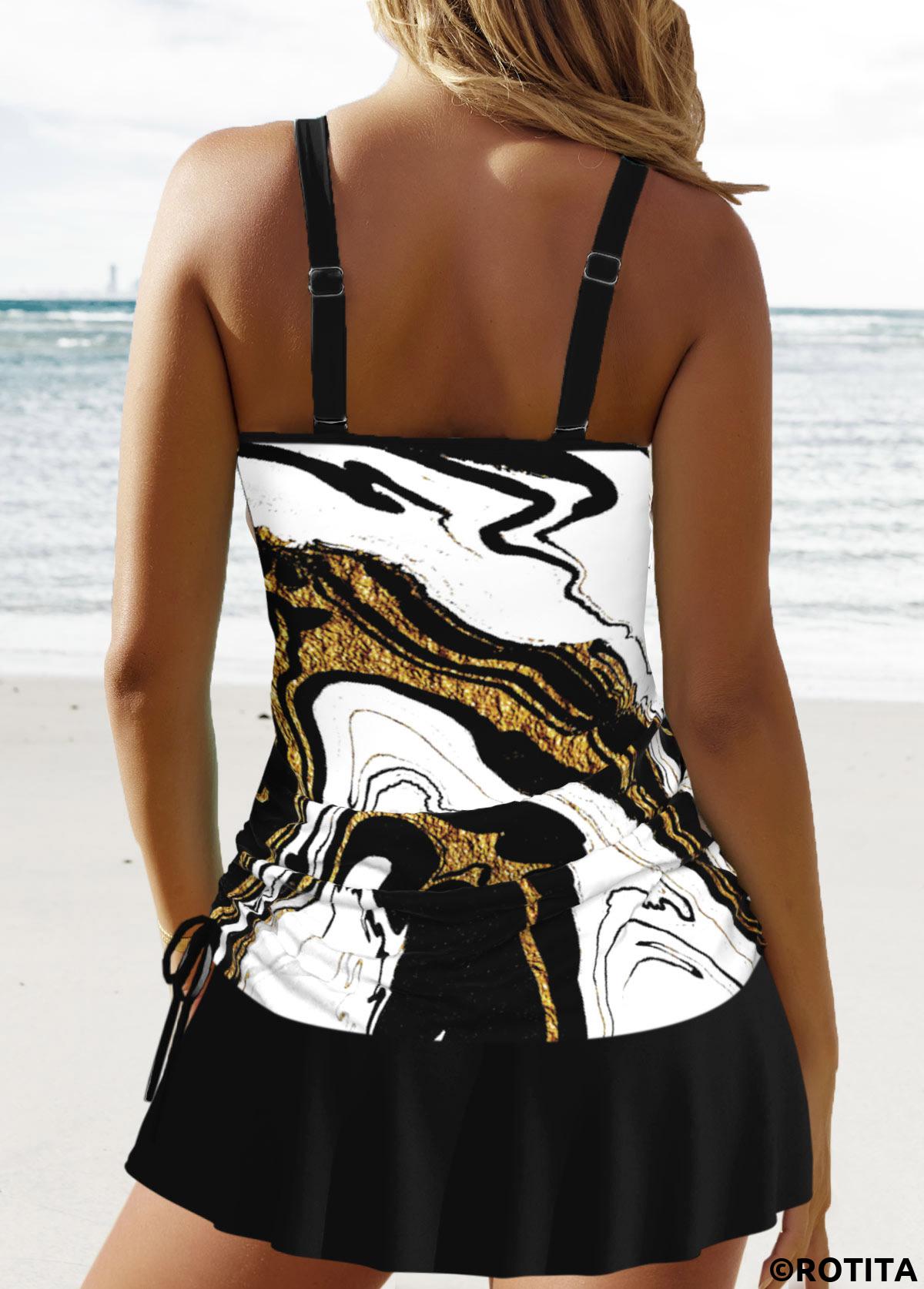 White swimwear,Black swimwear,Striped swimwear,Geometric swimwear,ROTITA Circular Ring White Wave Pattern Print Tankini Set