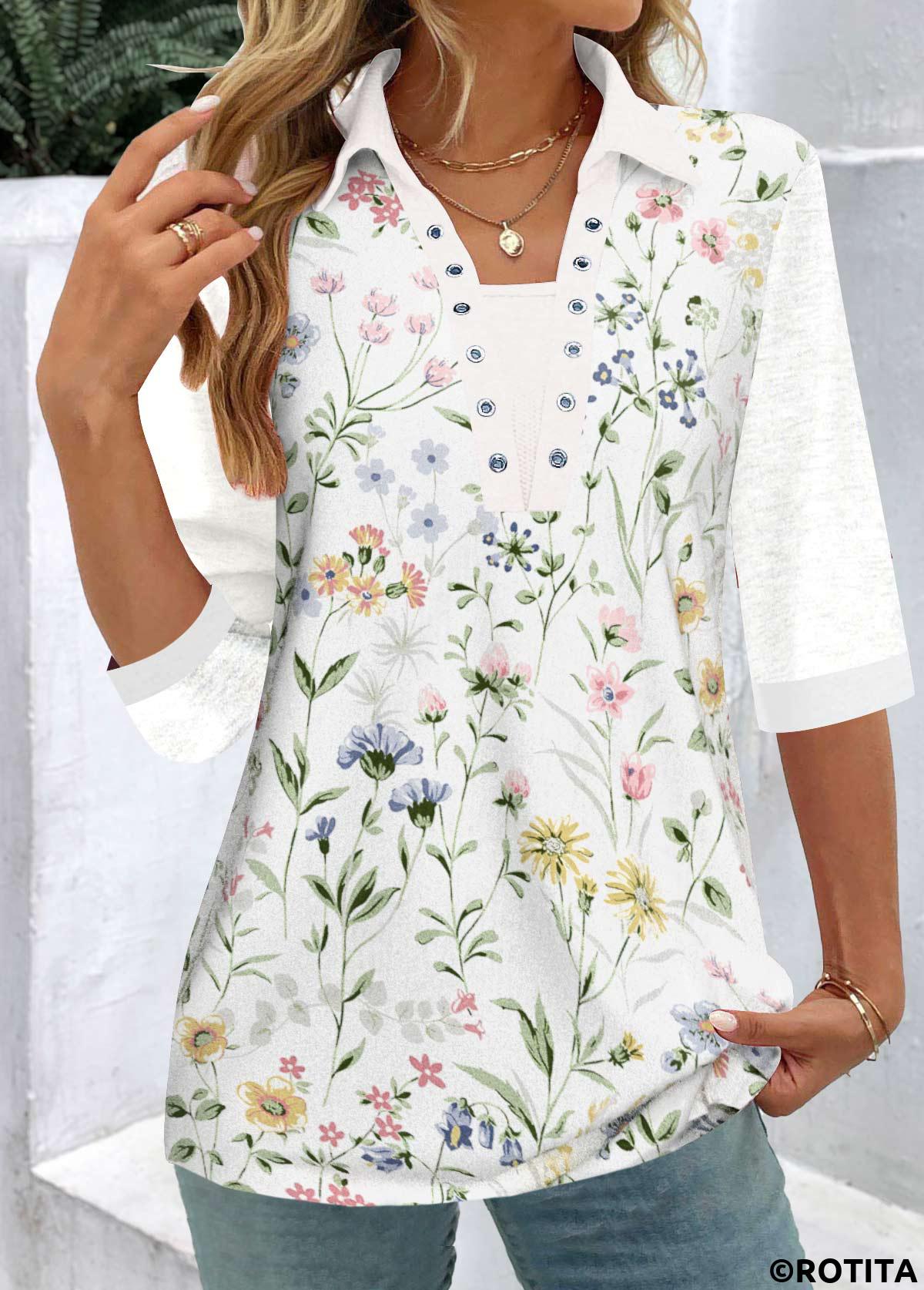 Rotita Patchwork-Blumendruck weiße Bluse mit Hemdkragen und halblangen Ärmeln