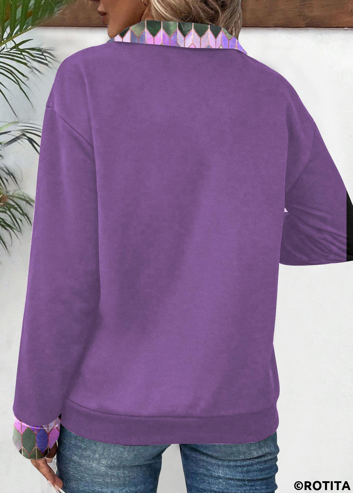 Purple tops,Geometric tops,Striped tops,ROTITA Patchwork Geometric Print Purple Turn Down Collar Sweatshirt