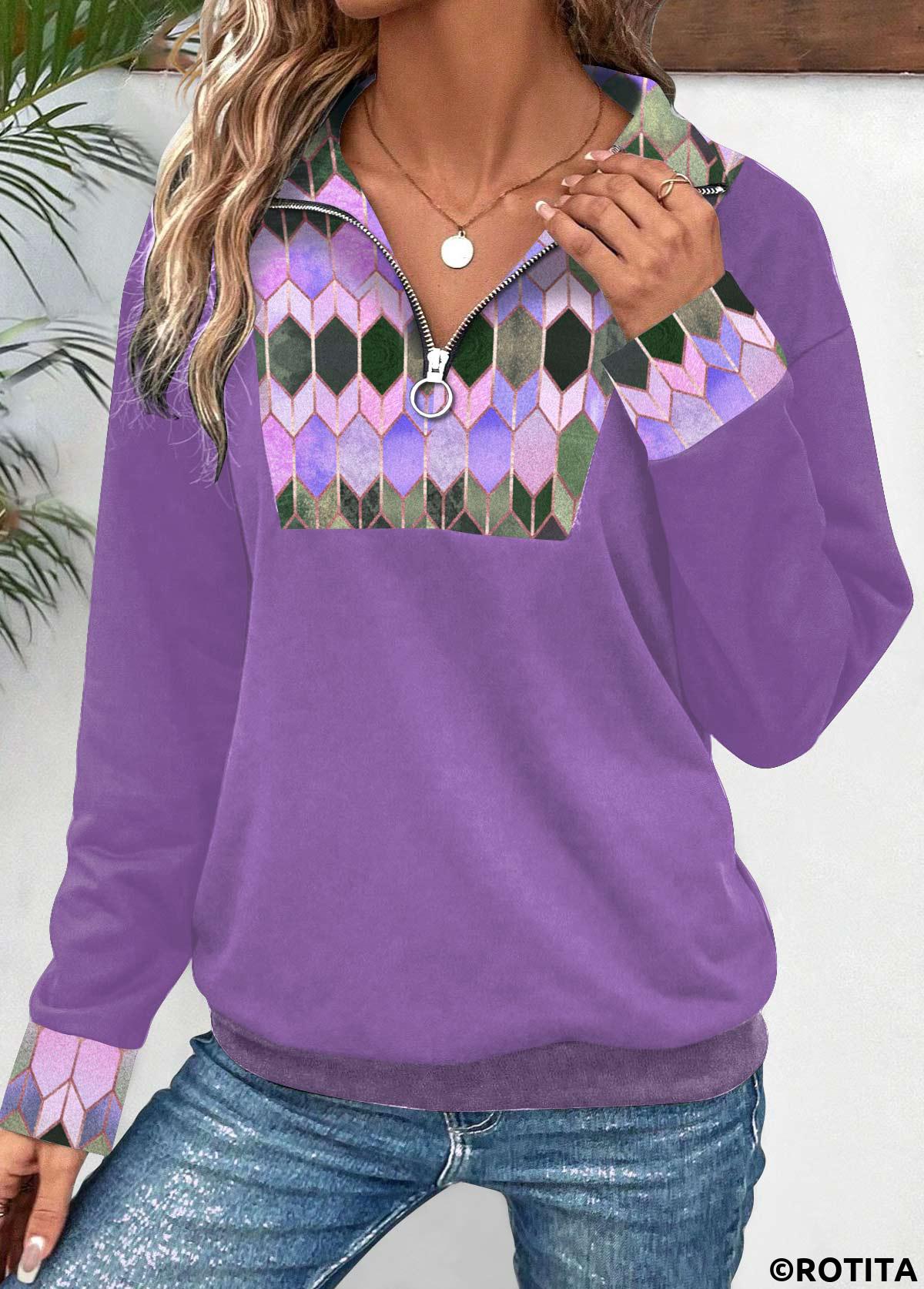 Purple tops,Geometric tops,Striped tops,ROTITA Patchwork Geometric Print Purple Turn Down Collar Sweatshirt