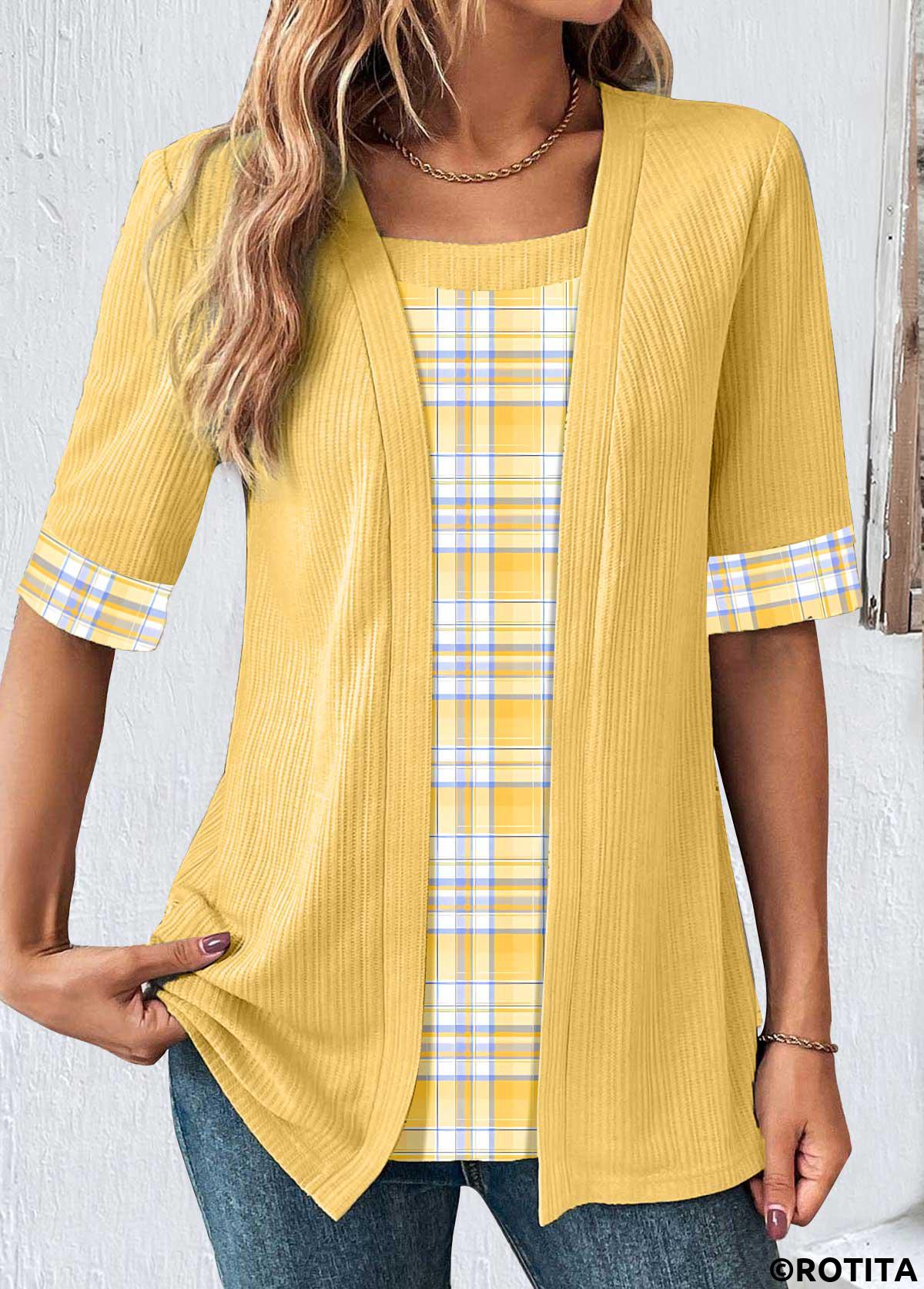 Yellow tops,Plaid tops,Striped tops,Geometric tops,ROTITA Fake 2in1 Plaid Yellow Scoop Neck T Shirt