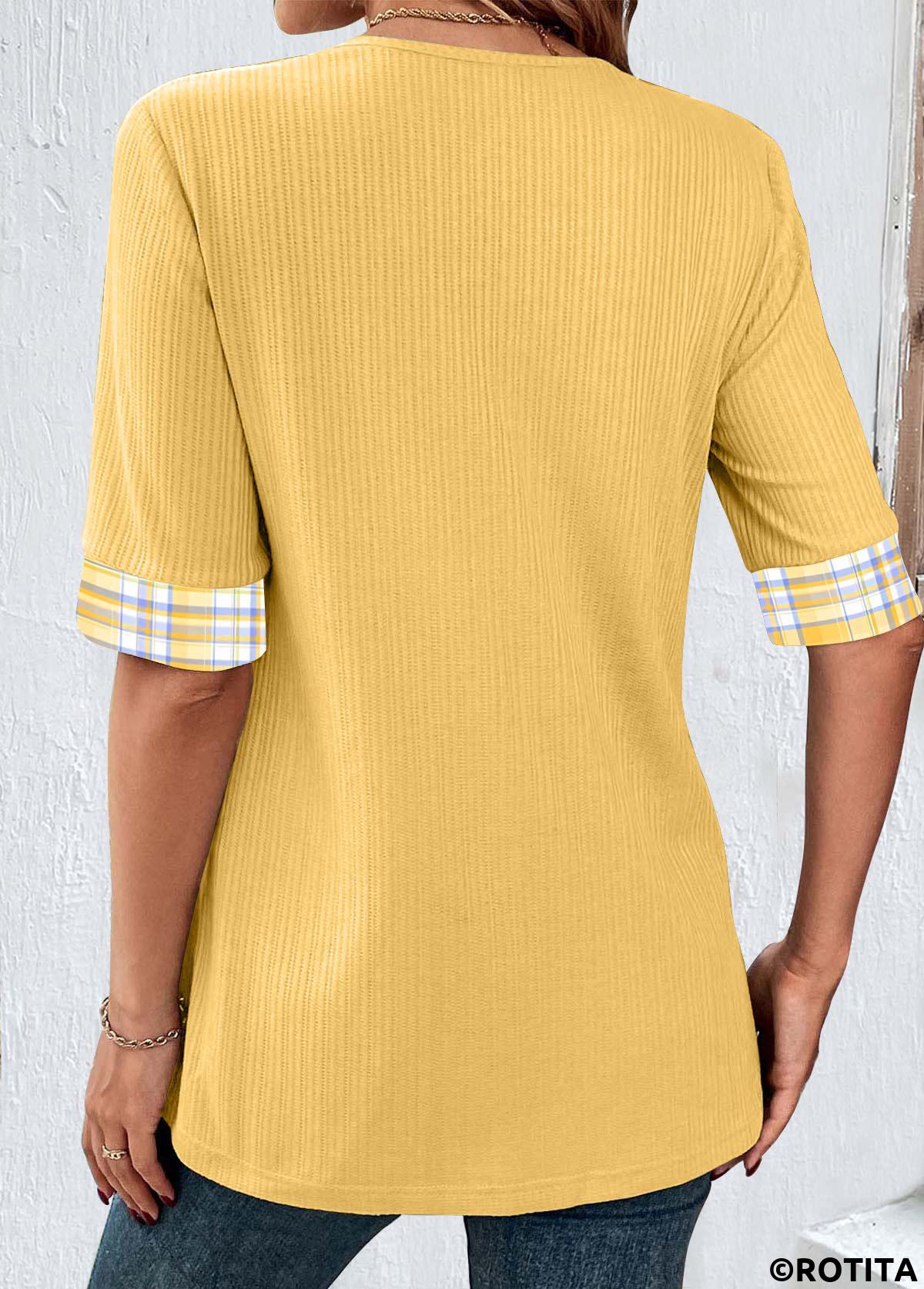 Yellow tops,Plaid tops,Striped tops,Geometric tops,ROTITA Fake 2in1 Plaid Yellow Scoop Neck T Shirt