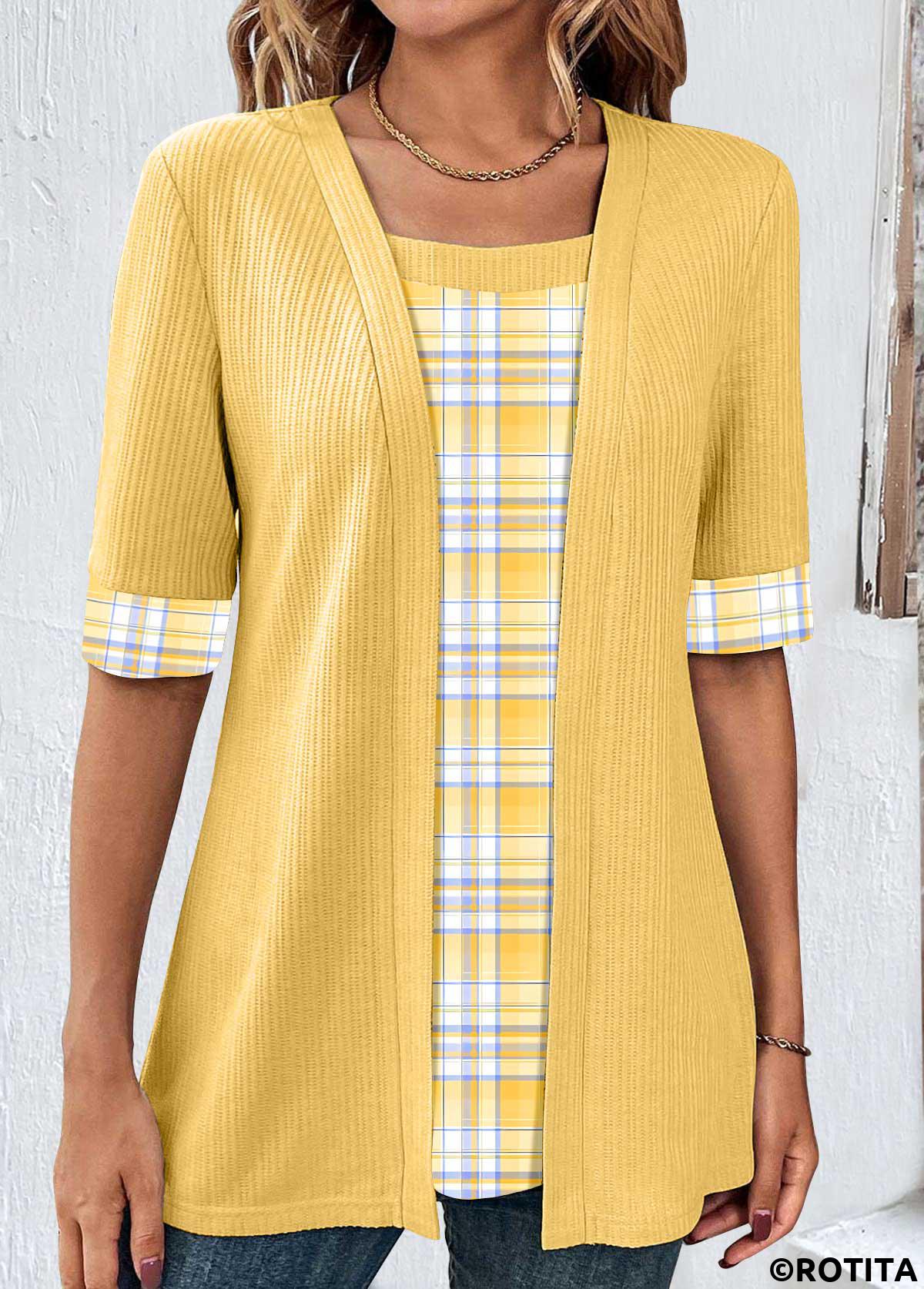 Yellow tops,Plaid tops,Striped tops,Geometric tops,ROTITA Fake 2in1 Plaid Yellow Scoop Neck T Shirt