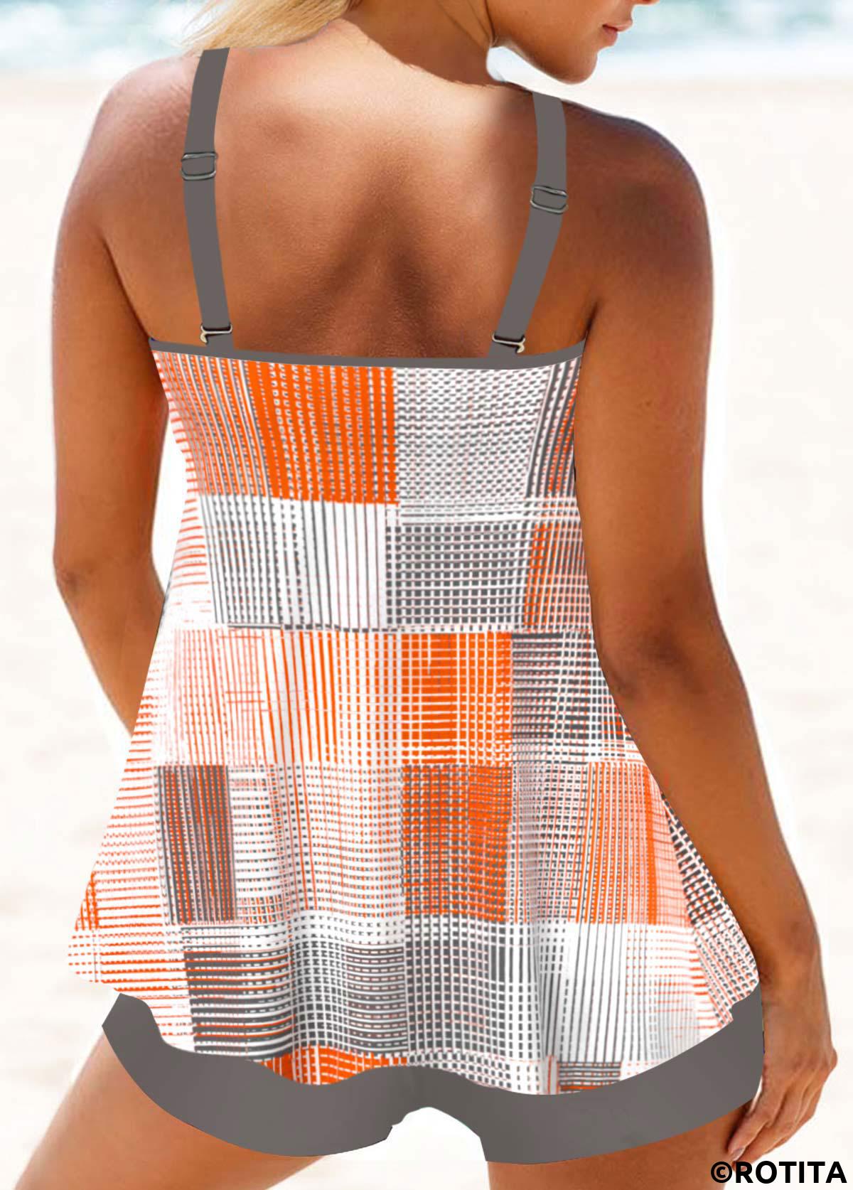Orange swimwear,Grey swimwear,Geometric swimwear,Striped swimwear,Plaid swimwear,ROTITA Patchwork Orange Geometric Print Tankini Set