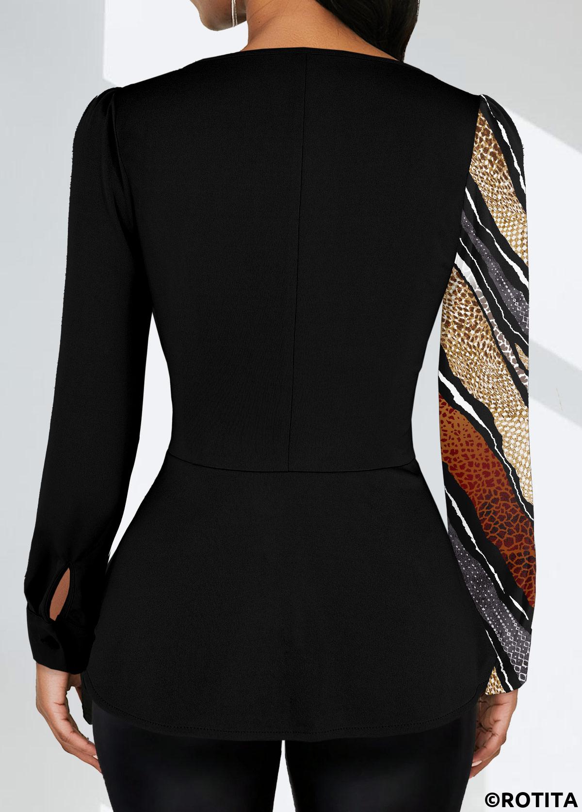 Black tops,Geometric tops,Striped tops,ROTITA Asymmetry Geometric Print Black Square Neck Long Sleeve Blouse