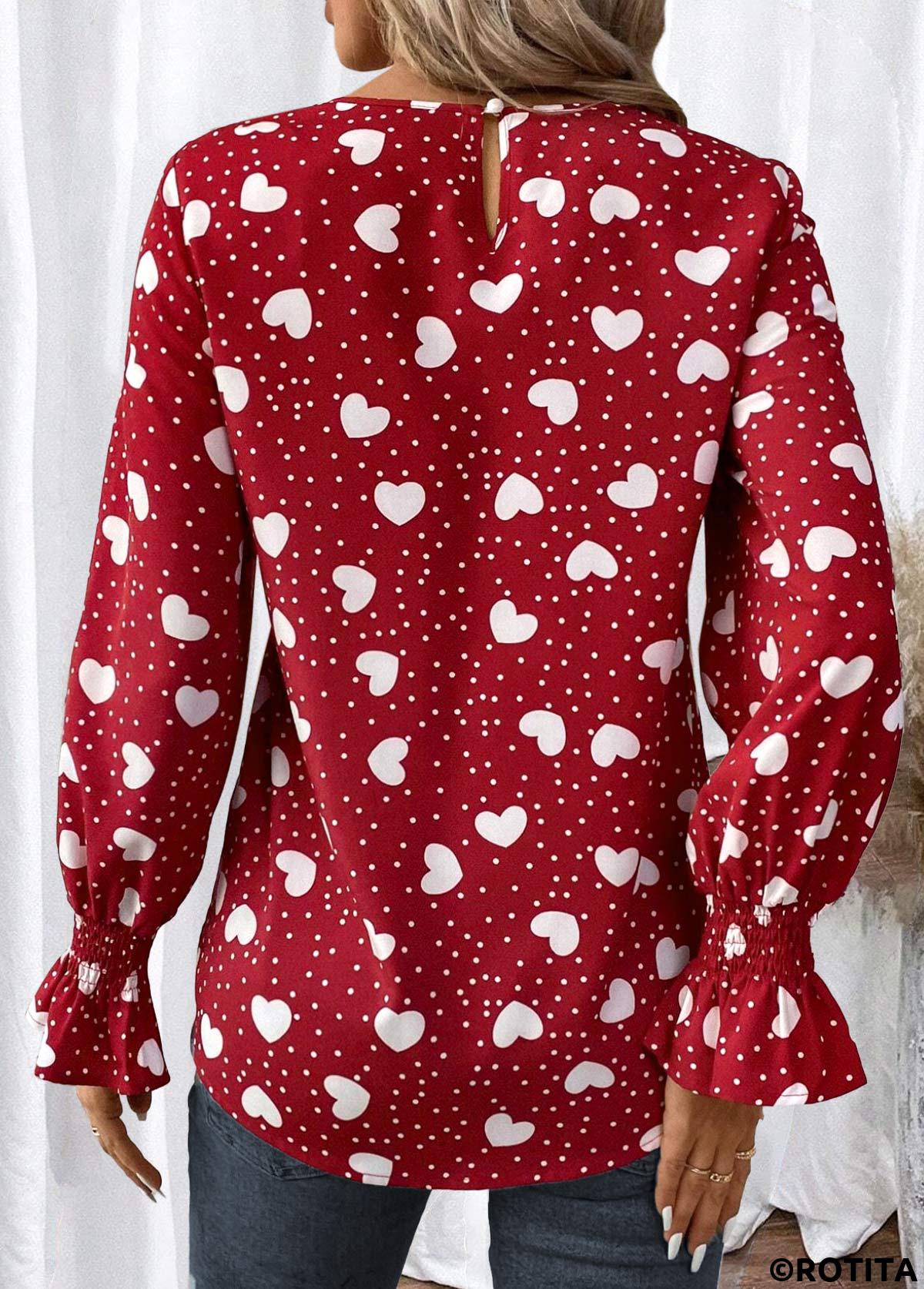 Red tops,Valentine's Day tops,Heart tops,Dot tops,ROTITA Button Valentine's Day Print Red Round Neck Blouse