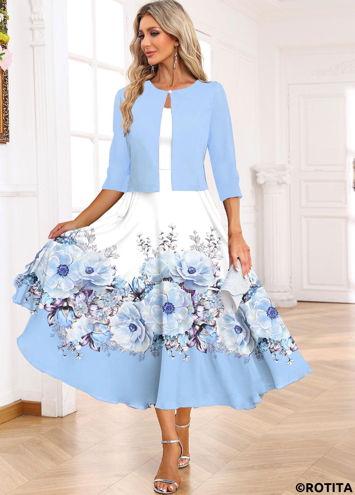 Light Blue dresses,White dresses,Floral dresses,Plants dresses,Party dresses,Elegant dresses,ROTITA Two Piece Floral Print Light Blue Dress and Cardigan
