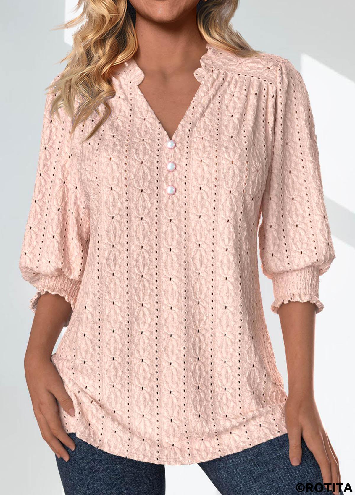 Light Pink tops,Plain Color tops,ROTITA Textured Fabric Light Pink Split Neck 3/4 Sleeve Blouse
