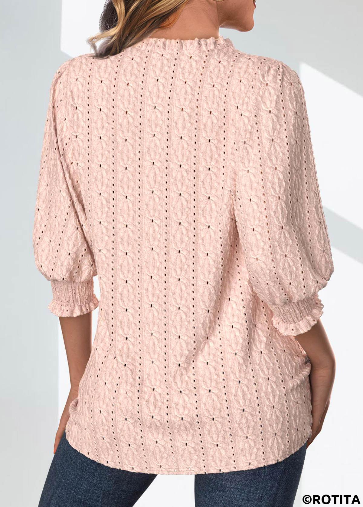 Light Pink tops,Plain Color tops,ROTITA Textured Fabric Light Pink Split Neck 3/4 Sleeve Blouse