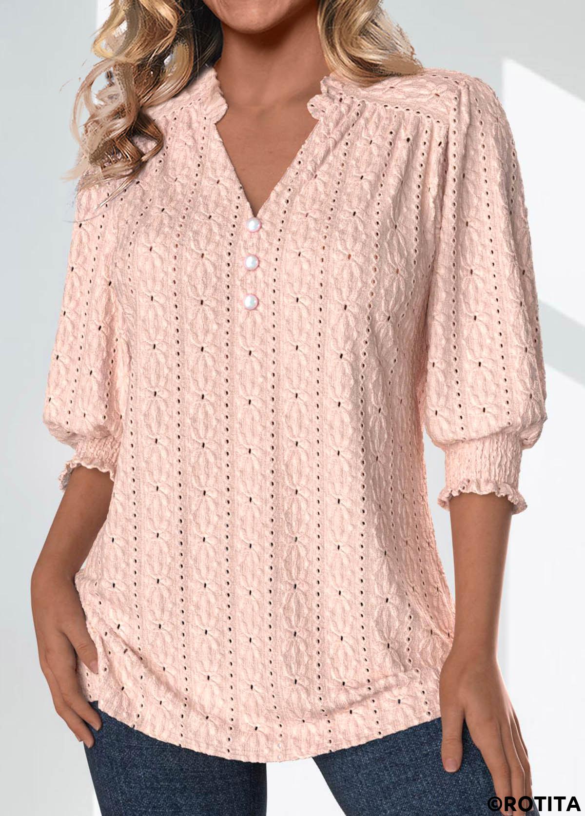 Light Pink tops,Plain Color tops,ROTITA Textured Fabric Light Pink Split Neck 3/4 Sleeve Blouse