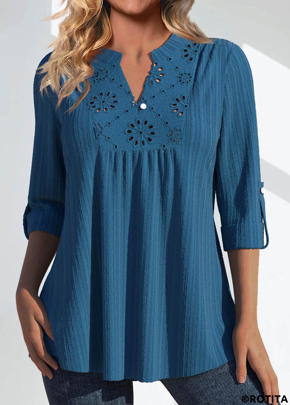 blouse rotita patchwork bleu paon col fendu manches 3/4
