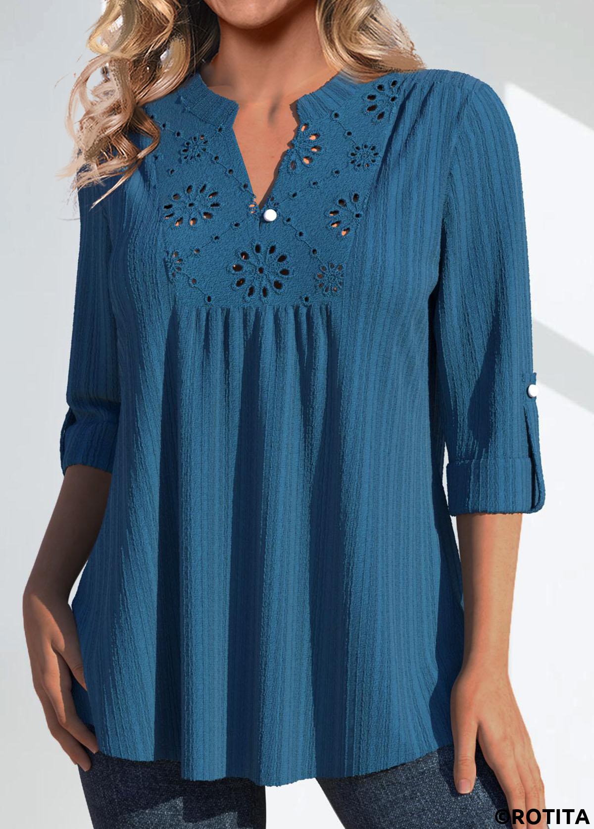 blouse rotita patchwork bleu paon col fendu manches 3/4