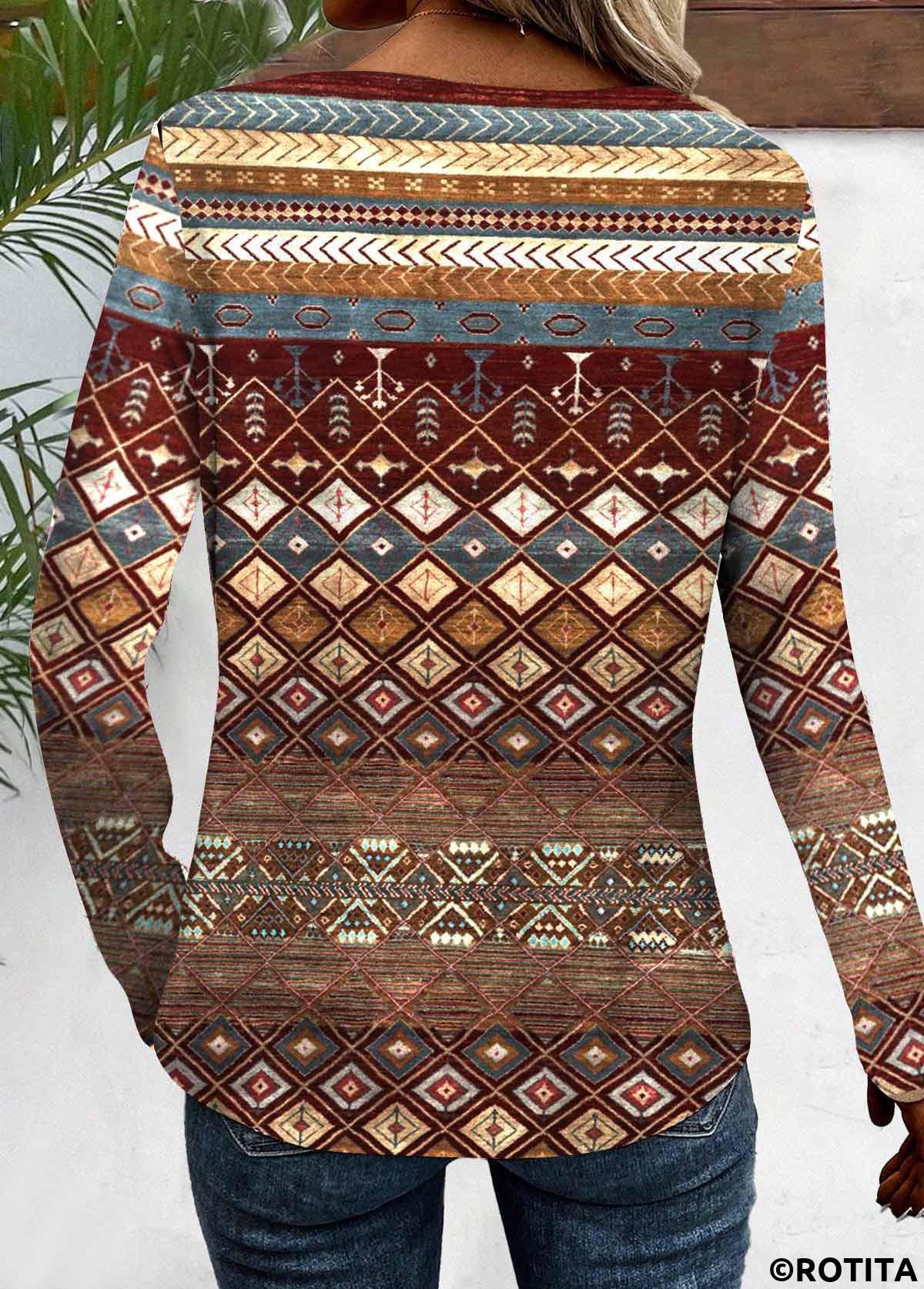 ROTITA Patchwork Tribal Print Multi Color V Neck T Shirt
