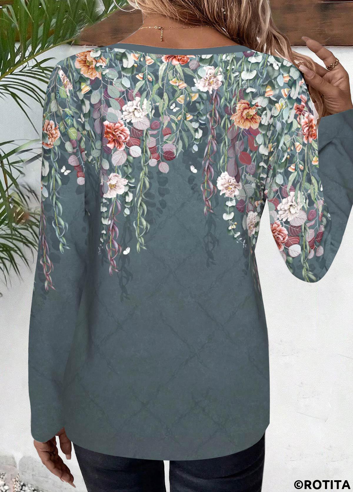 ROTITA Floral Print Dusty Blue Round Neck T Shirt