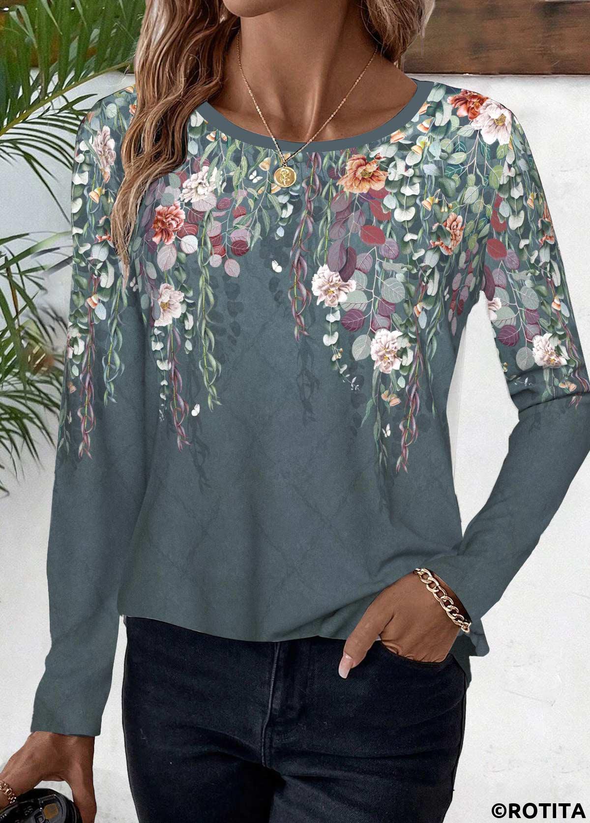 ROTITA Floral Print Dusty Blue Round Neck T Shirt