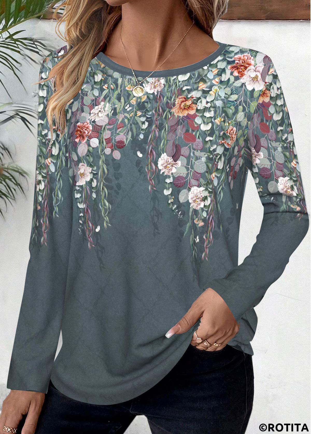 ROTITA Floral Print Dusty Blue Round Neck T Shirt