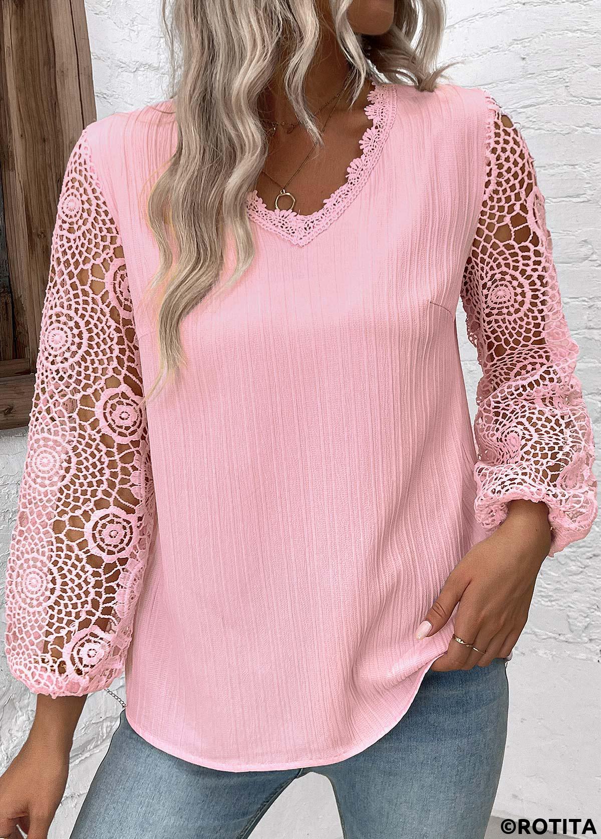 blouse à manches longues et col en V rose clair brodée Rotita