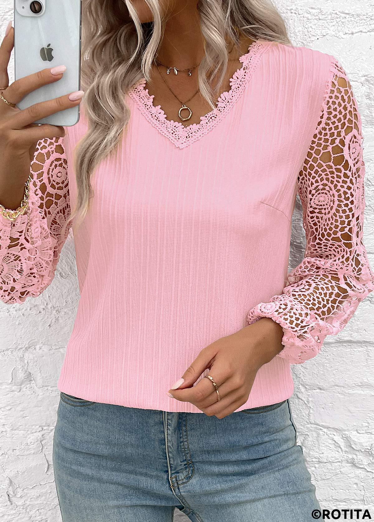 blouse à manches longues et col en V rose clair brodée Rotita