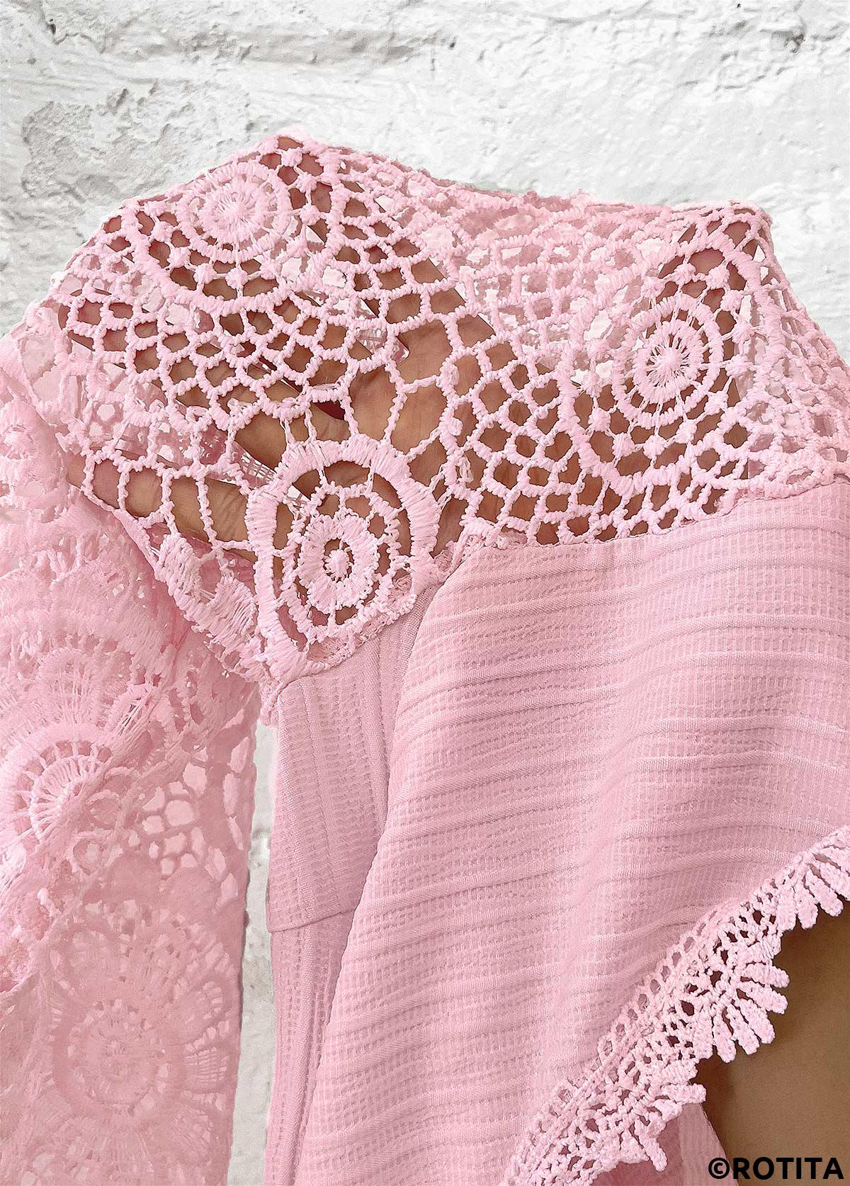 blouse à manches longues et col en V rose clair brodée Rotita