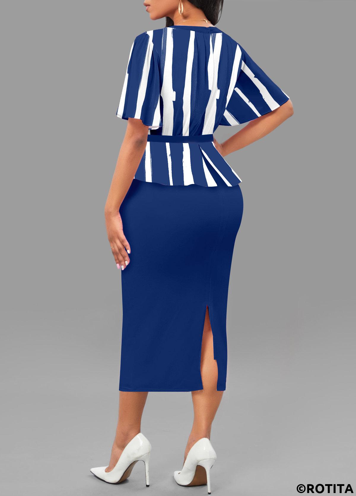 Blue dresses,White dresses,Striped dresses,Geometric dresses,Party dresses,Elegant dresses,ROTITA Patchwork Striped Blue V Neck Short Sleeve Bodycon Dress
